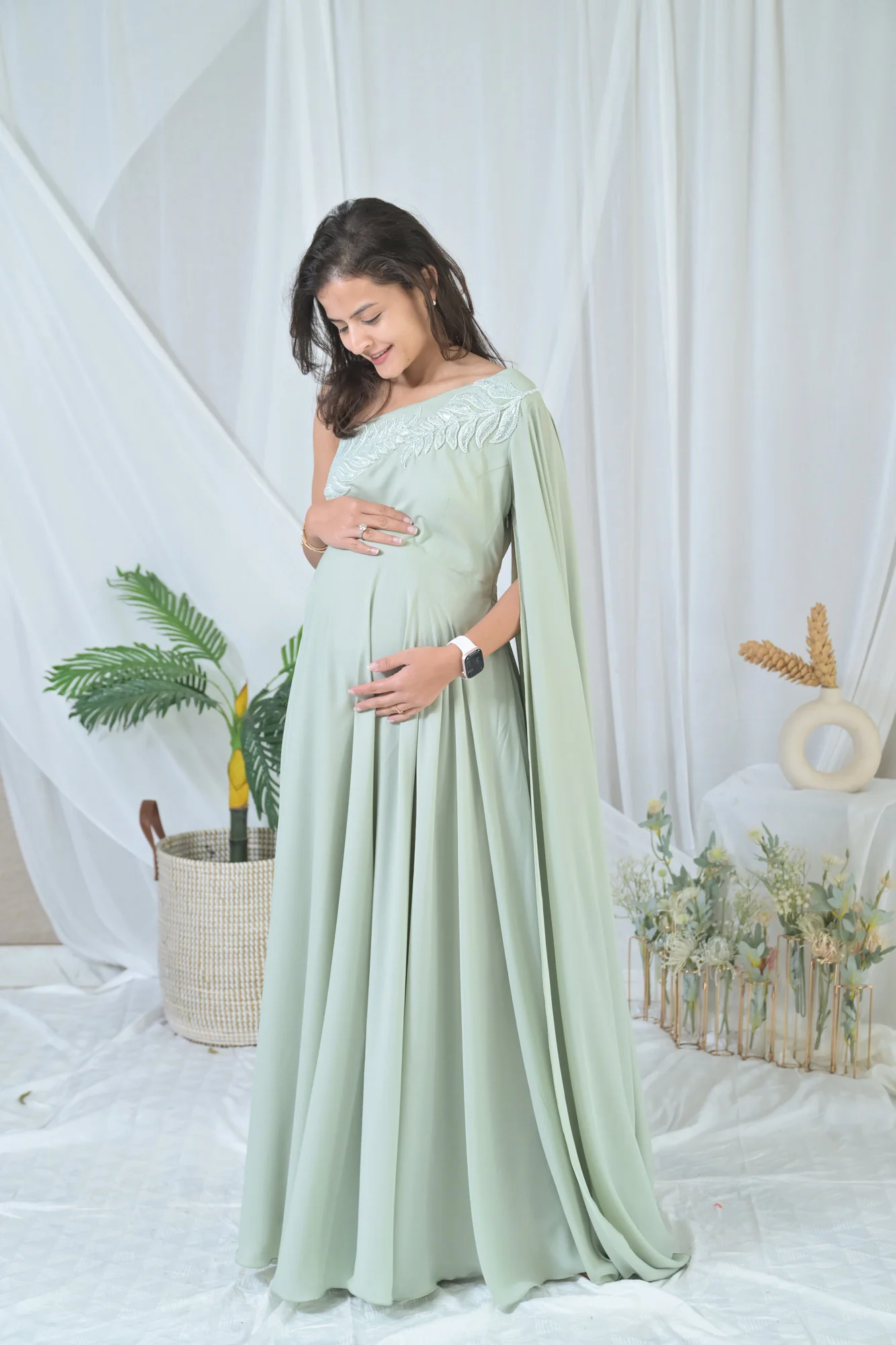 Luxe Sage Green Embroidered Maternity Satin Gown - Chenance