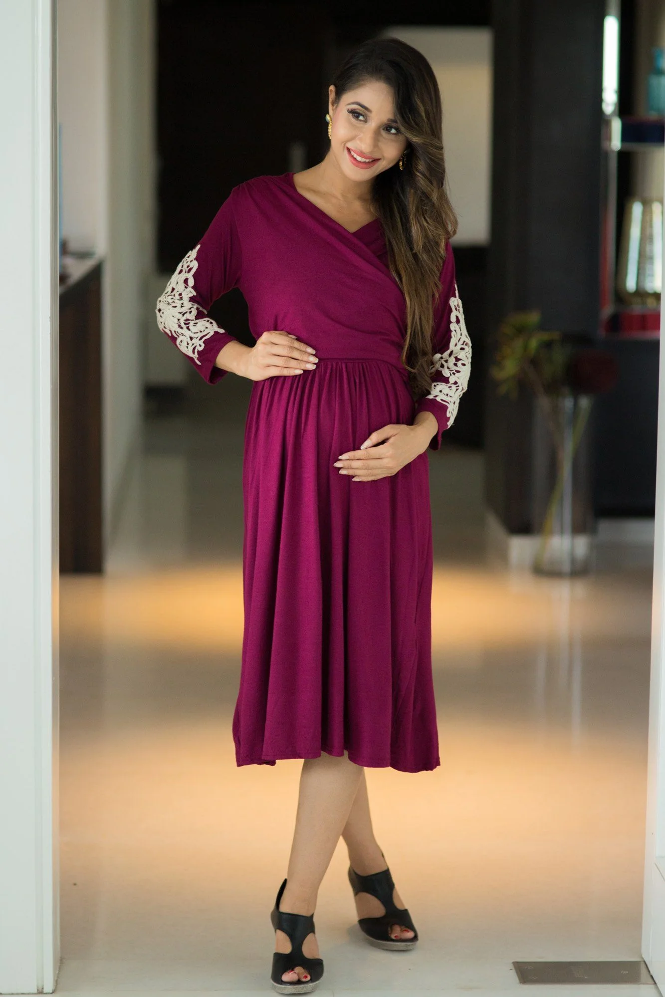 Crochet Berry Wrap Tie Maternity & Nursing Dress - Chenance