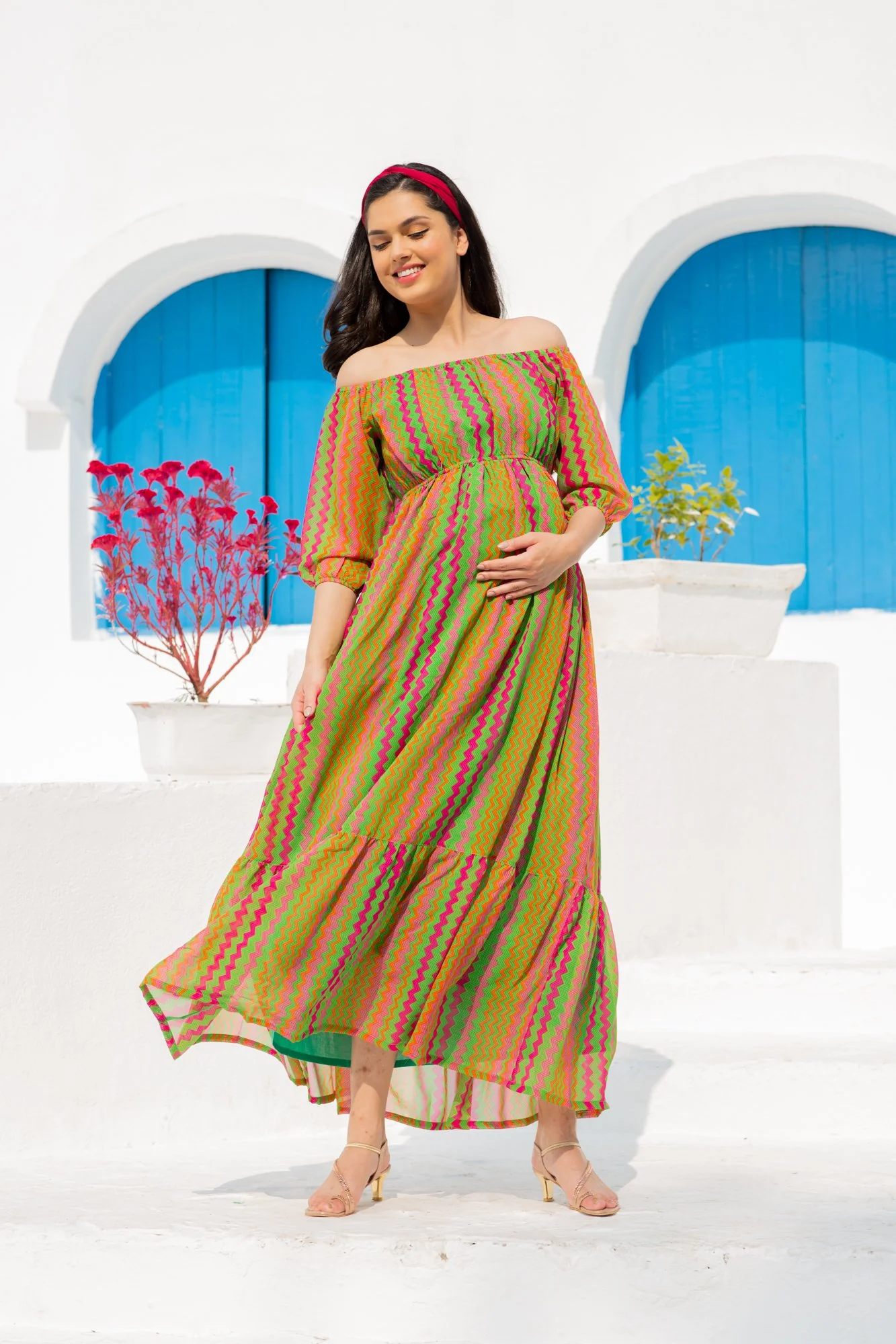 Flowy Dual Off-Shoulder Boat Neck Maternity & Nursing Maxi Dress - Chenance