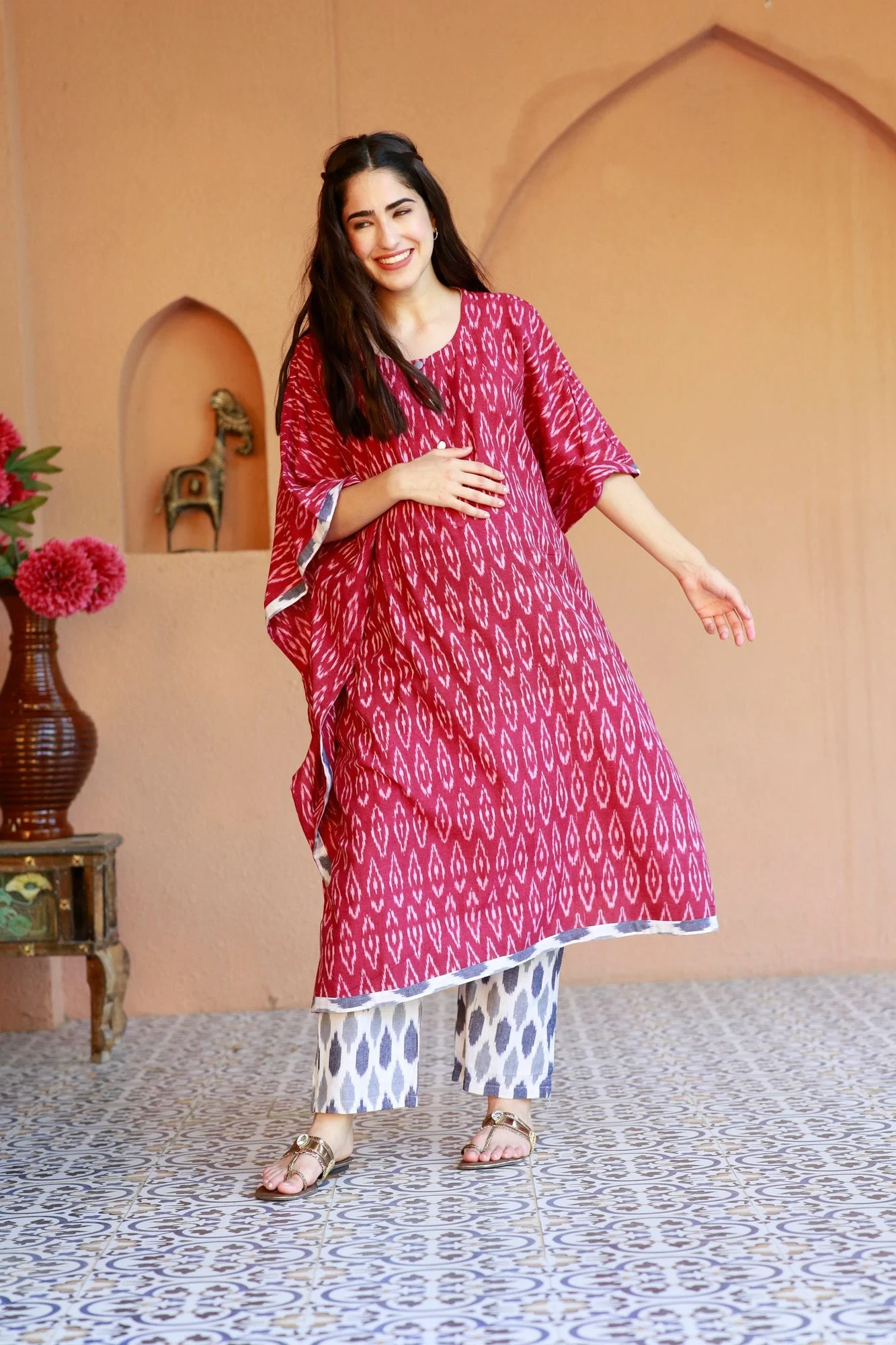 Rouge Ikat Maternity & Nursing Kaftan Set (100% Cotton) - Chenance