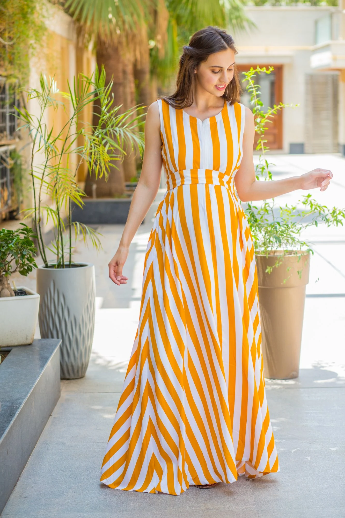 Mustard Striped Maternity & Nursing Dress - Chenance