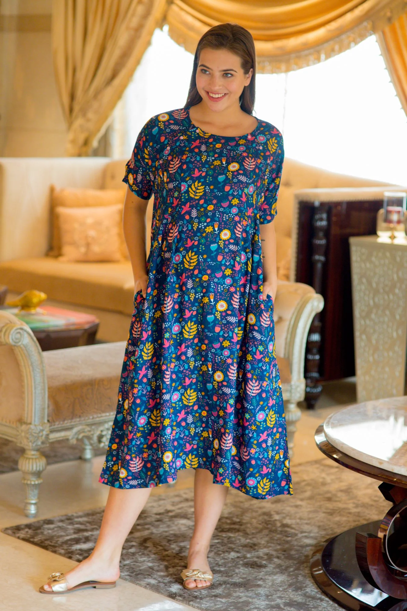 Midnight Blue Shoulder Snap Maternity & Nursing Dress / Delivery Gown/ Night Dress - Chenance