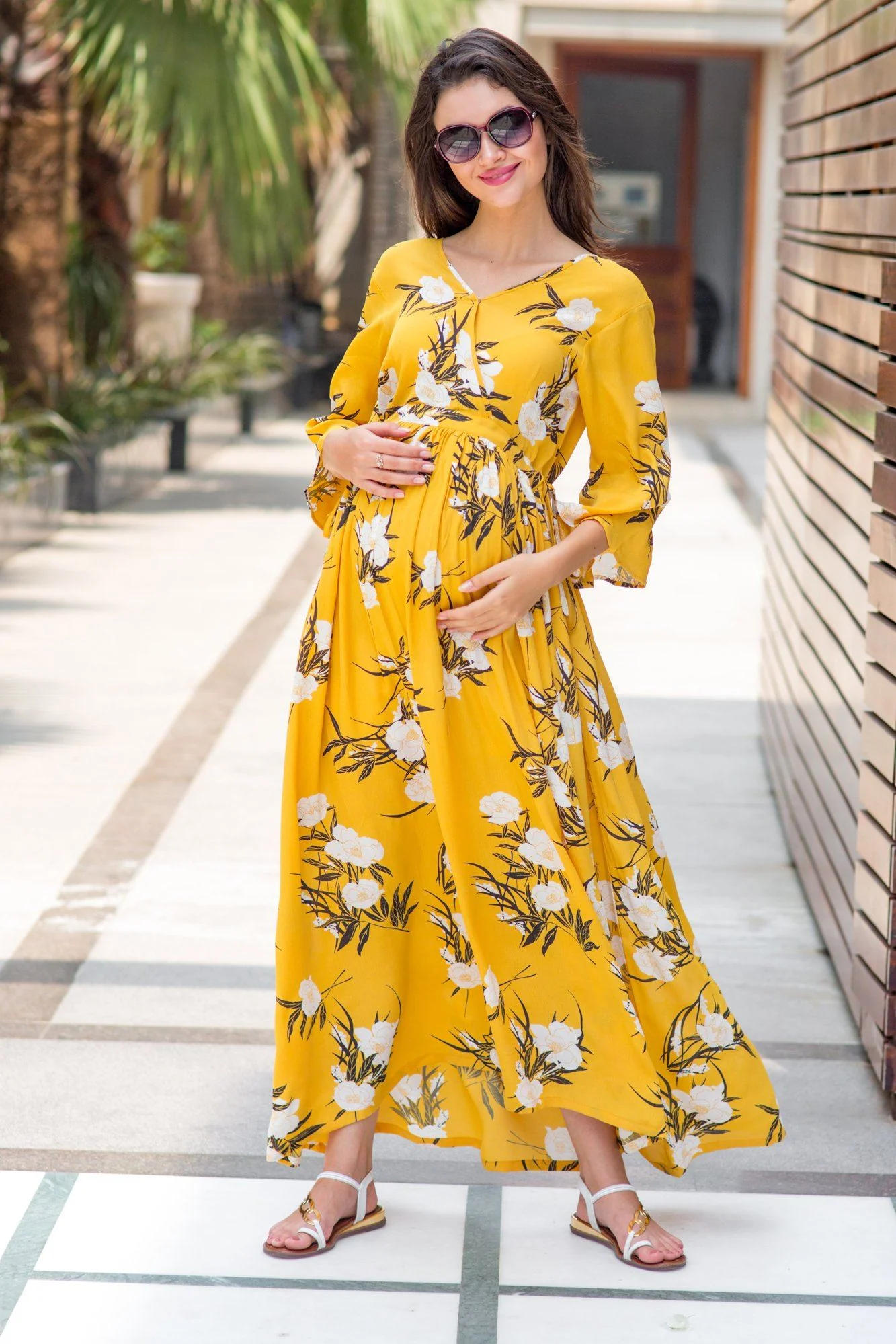 Miami Yellow Floral Maternity & Nursing Maxi - Chenance