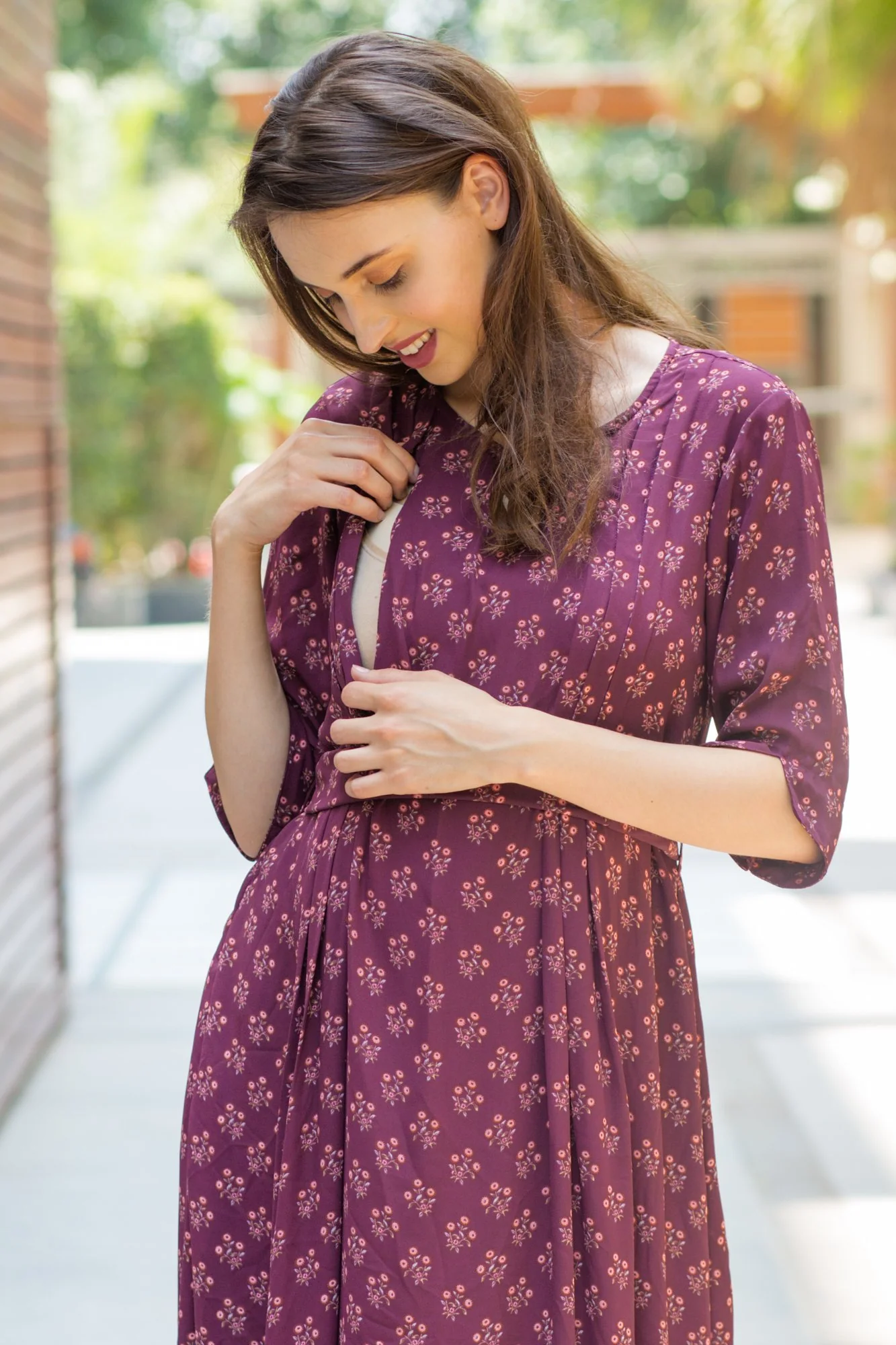 Merlot Side Slit Concealed Zips Feeding Dress - Chenance