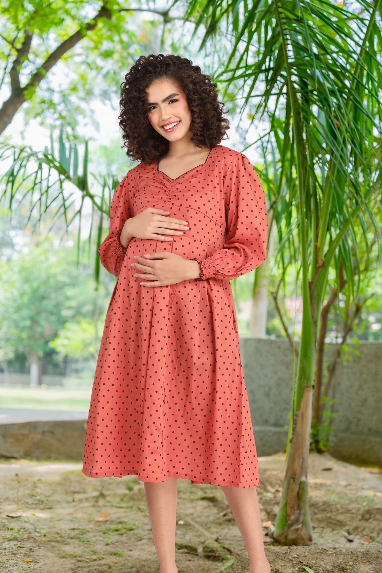 Rouge Polka Maternity & Nursing Dress (100% Cotton) - Chenance