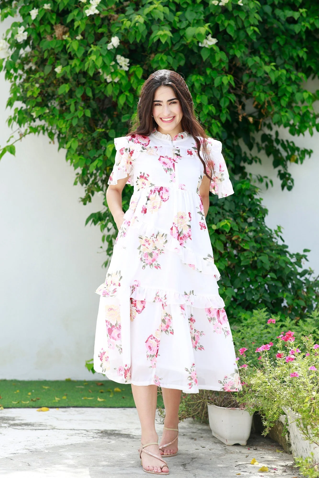 Soothing White Floral Maternity & Nursing Frill Dress - Chenance