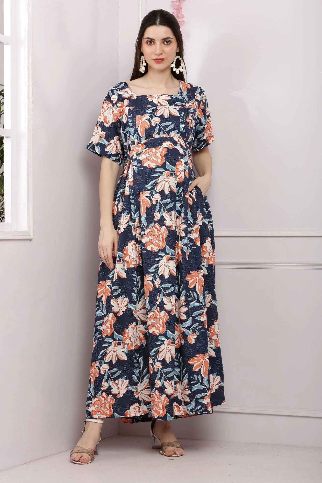 Midnight Blue Flowerbomb Maternity & Nursing Maxi Dress - Chenance