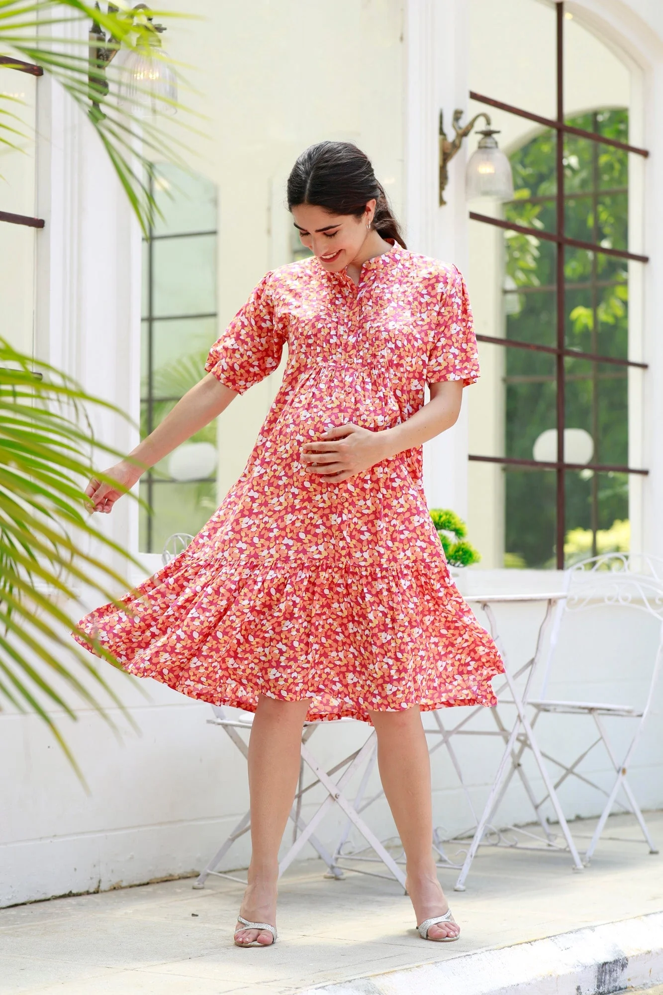 Carrot Punch Floral Maternity & Nursing Frill Shirt Dress - Chenance
