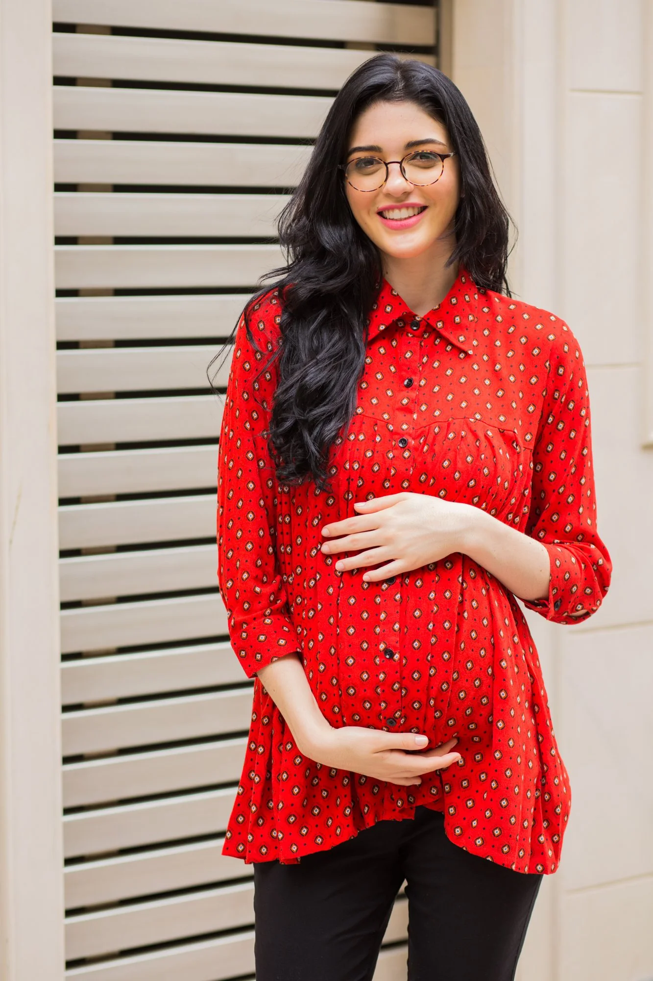 Classic Red Gathered Maternity & Nursing Top - Chenance