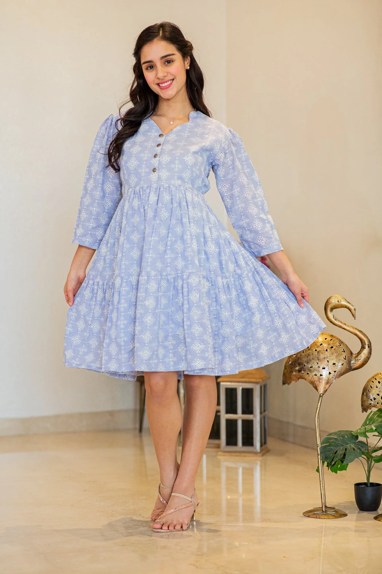 Charming Ice Blue Maternity & Nursing Flair Dress (100% Cotton) - Chenance
