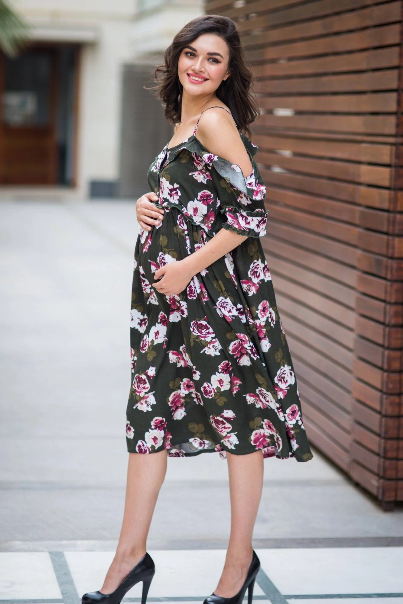 Olive Floral Front Zip Maternity & Nursing Maxi - Chenance
