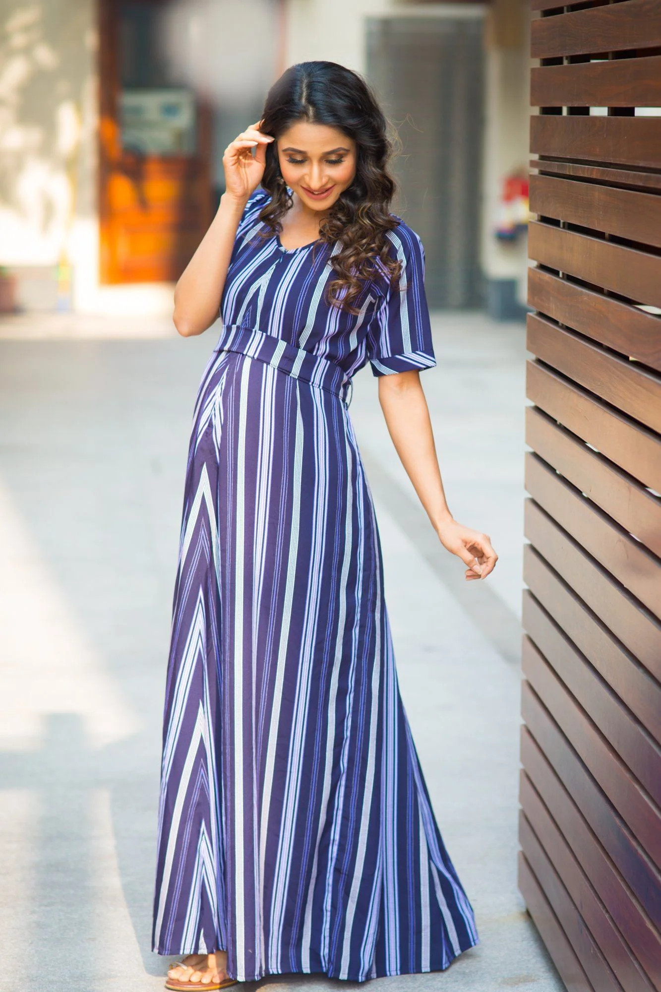 Plush Purple Striped Maternity & Nursing Maxi Dress - Chenance