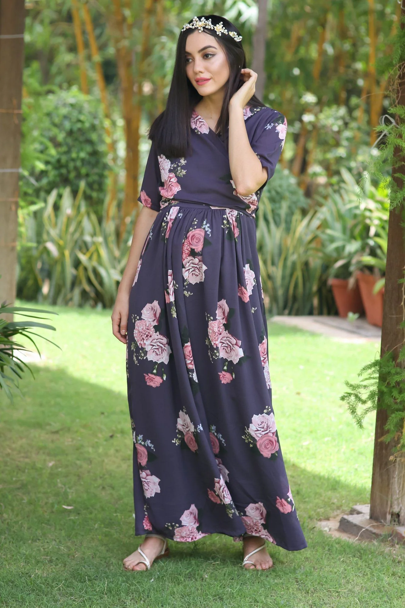 Deep Lilac Blossom Maternity & Nursing Wrap Dress - Chenance