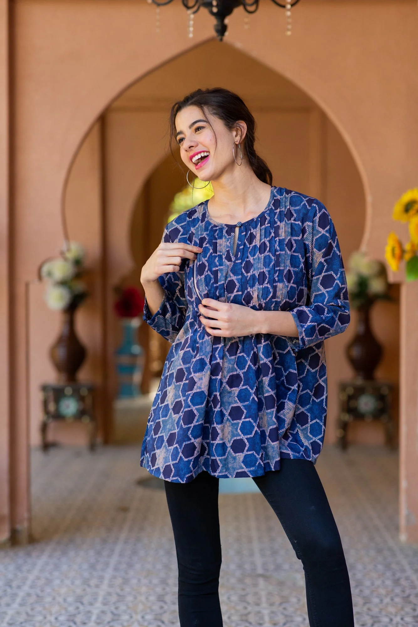 Denim Blue Starry Pintucks Maternity & Nursing Top - Chenance