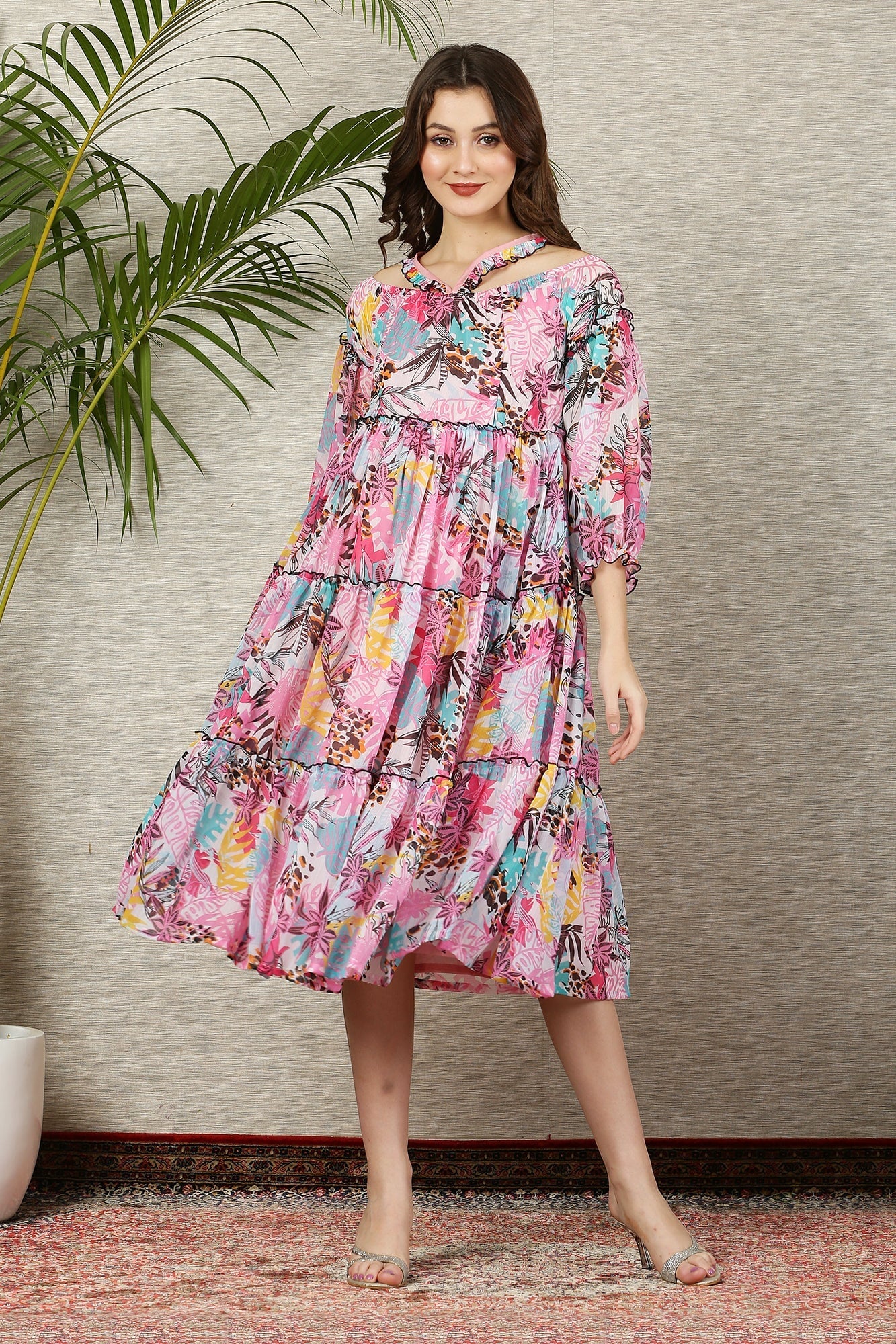 Cascading Retro Leafy Pink Halter Maternity & Nursing Frill Dress - Chenance