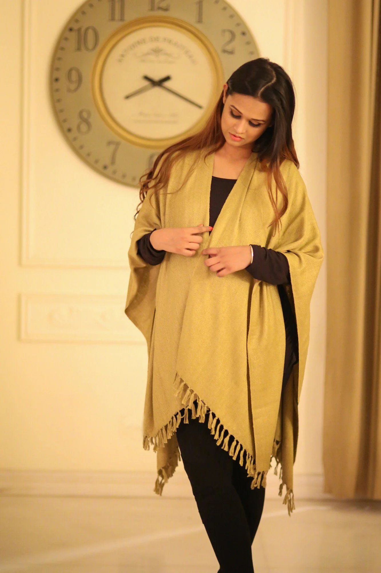 Luxe Lime Olive Handwoven Silk Poncho - Chenance