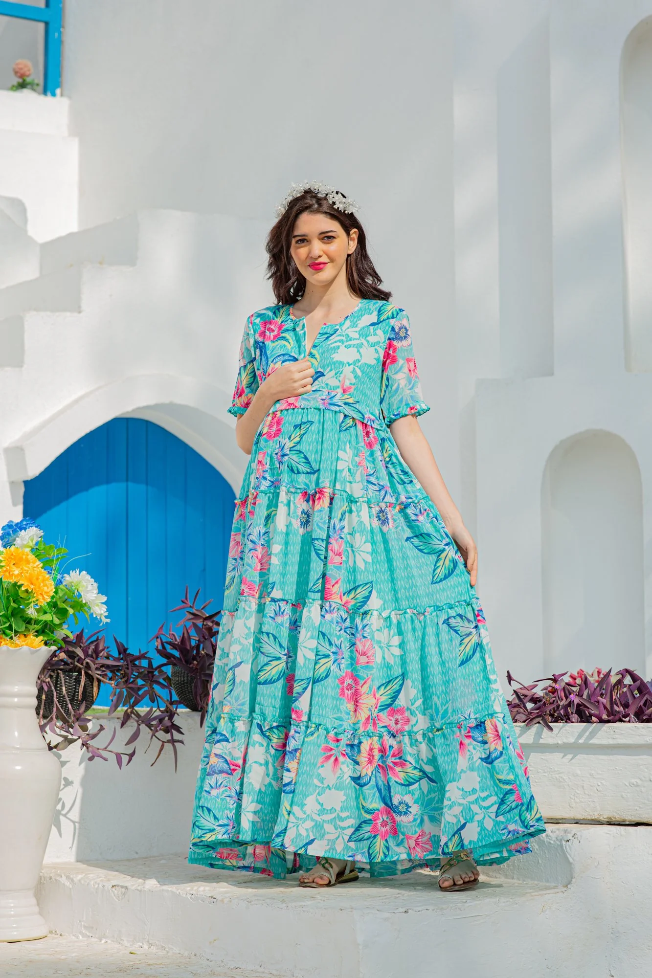 Aqua Pink Multilayer Frill Single Concealed Zip Maternity & Nursing Dress - Chenance