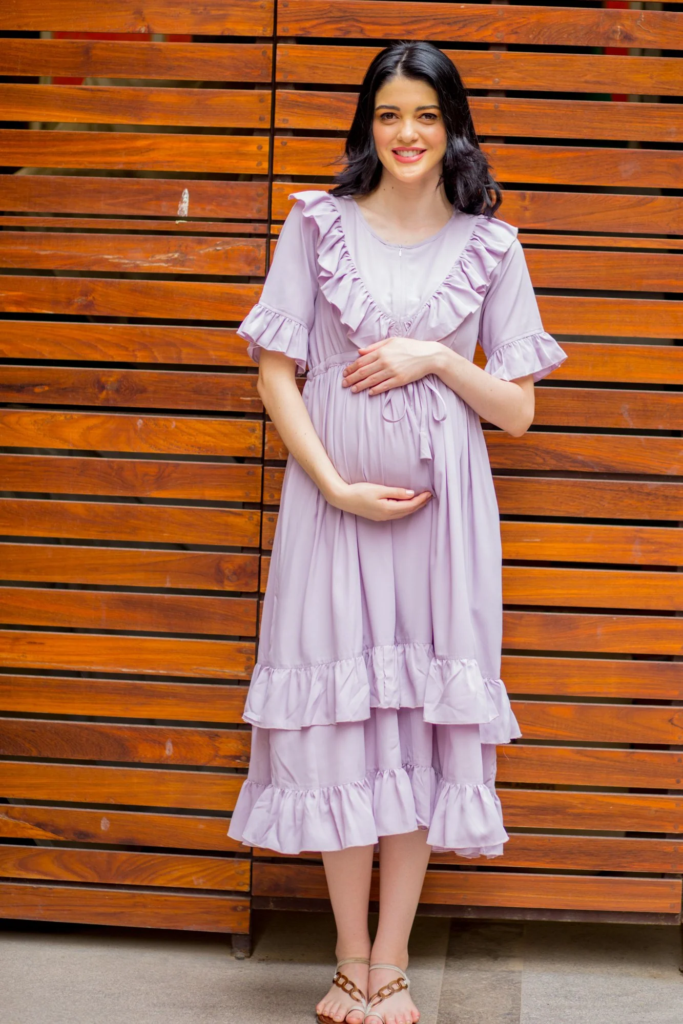 Lavender Front Frill Maternity & Nursing Midi Dress - Chenance
