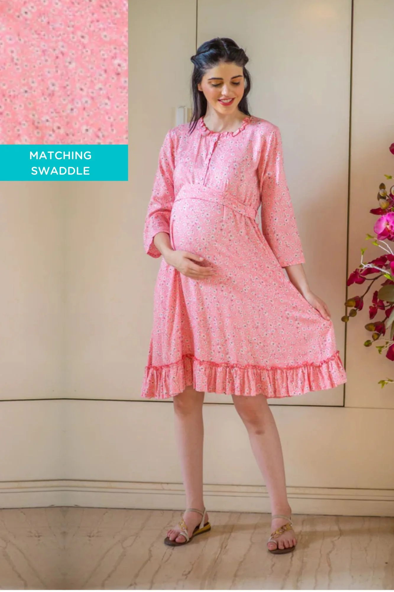 Cute Pink Daisy Maternity & Nursing Night Dress + Matching Swaddle Set Of 2 - Chenance