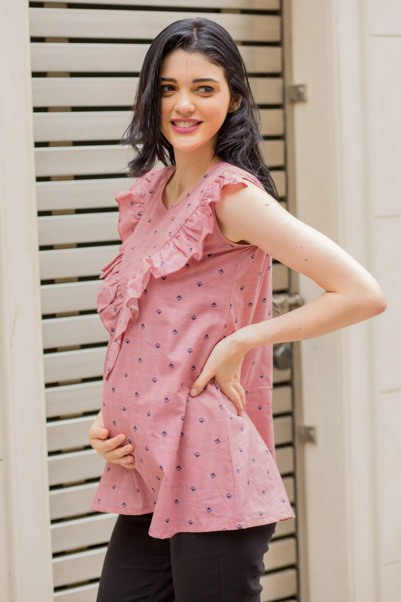 Pastel Red Pattern Frill Maternity & Nursing Top - Chenance