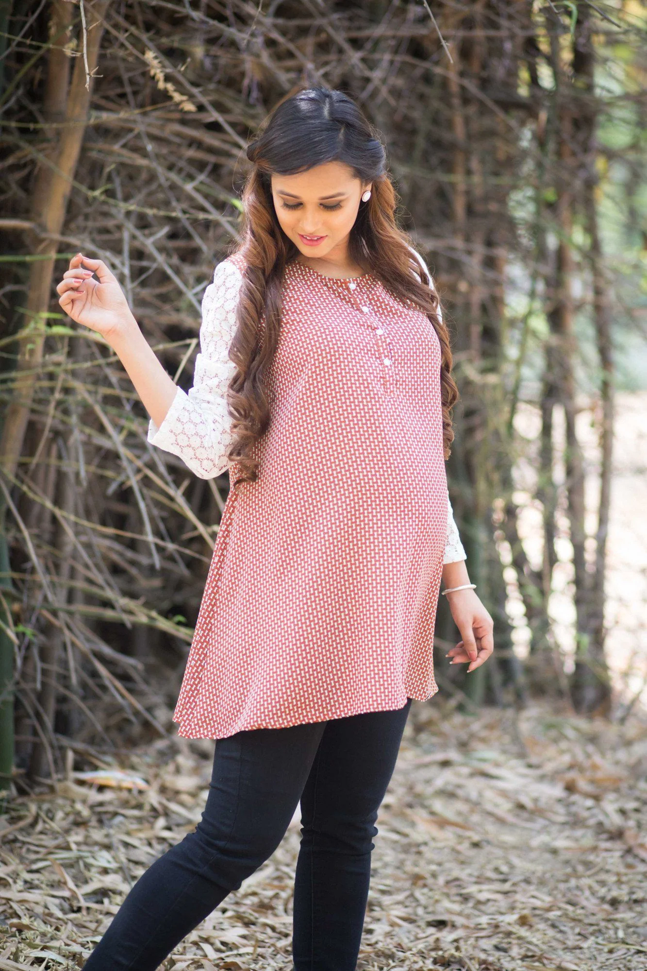 Red Print Net Sleeves Nursing Top - Chenance