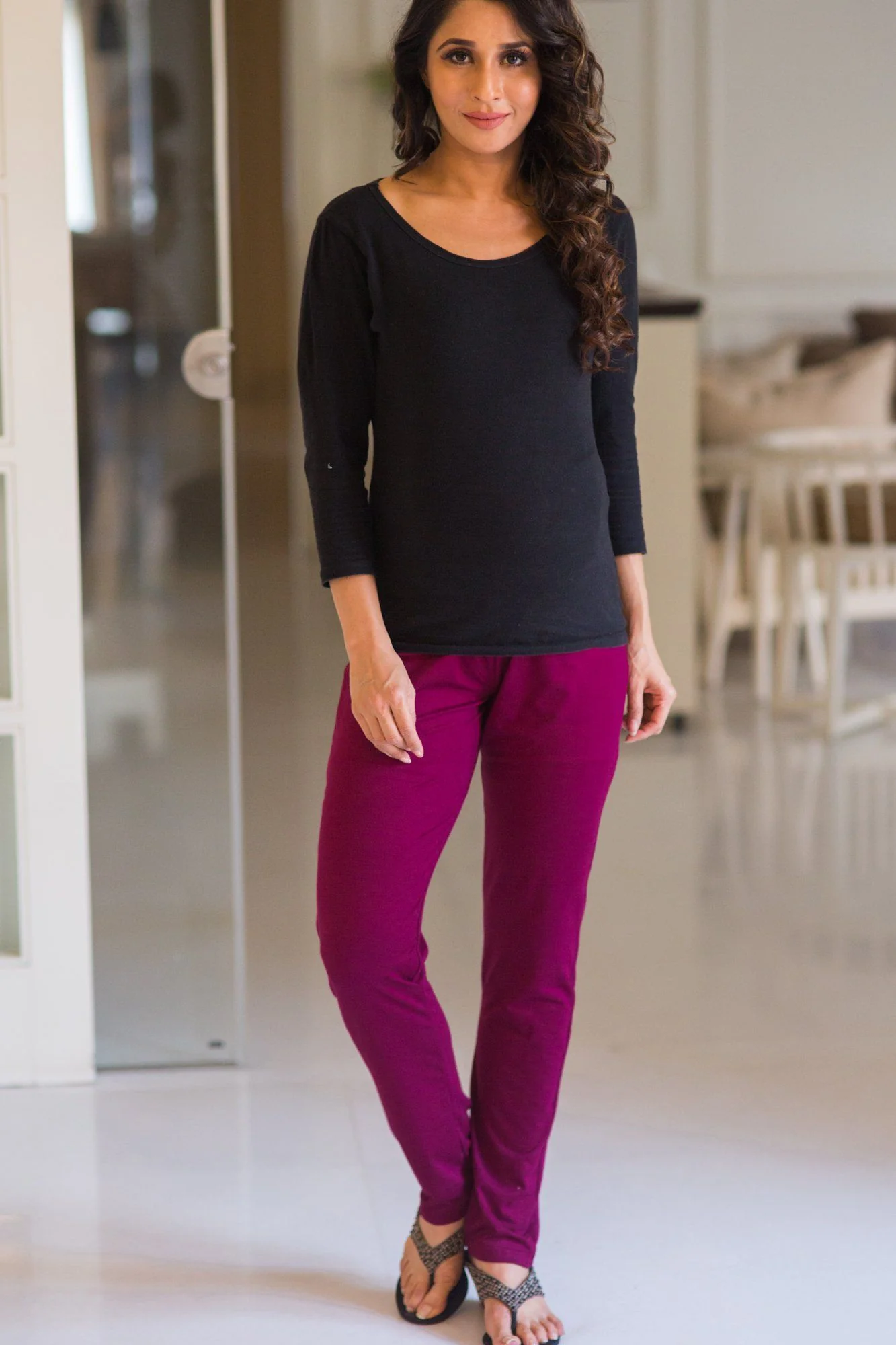 Burgundy Over Bump Stretchable Maternity Leggings - Chenance