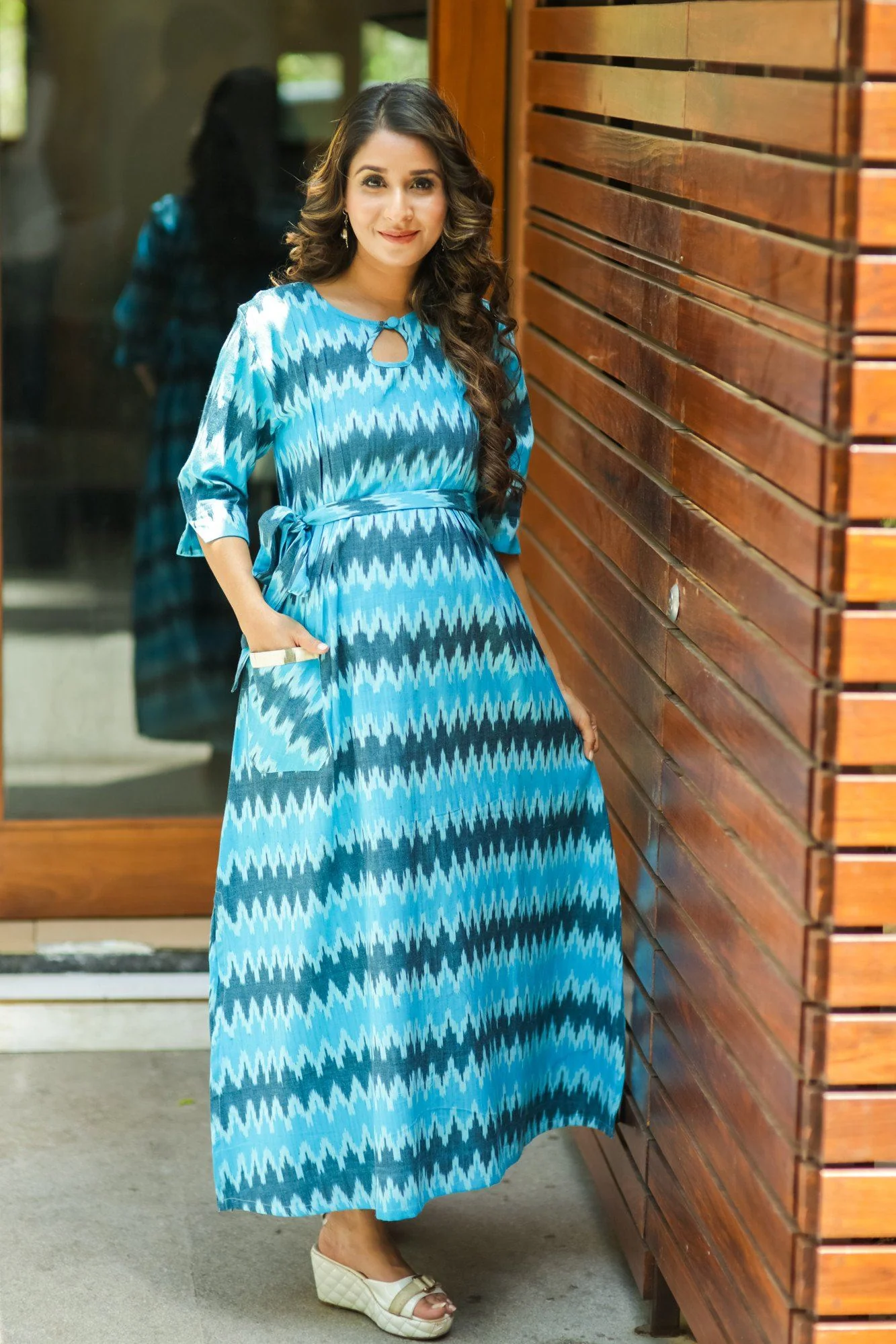 Aqua Ikat Side Slit Concealed Zips Feeding Dress - Chenance