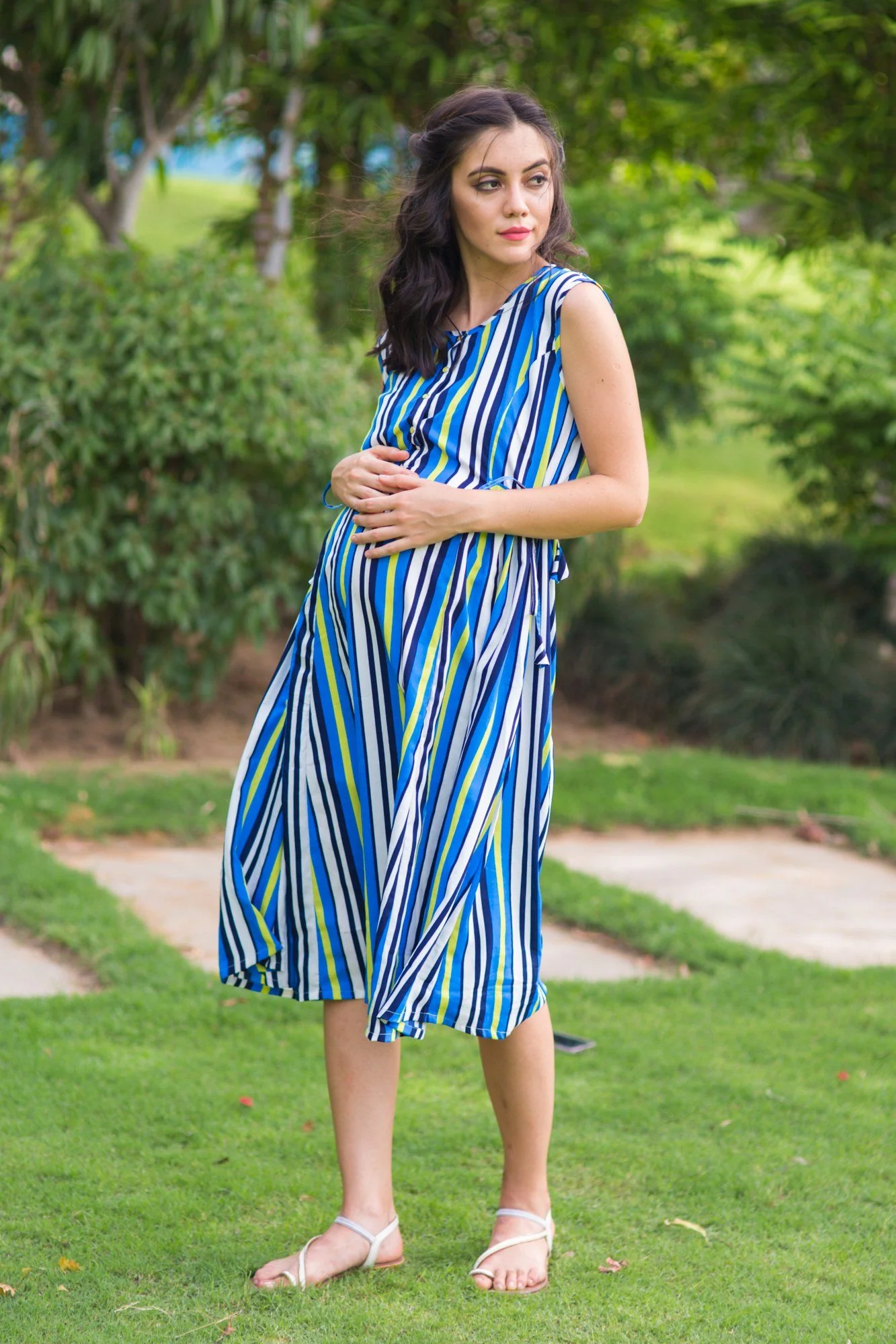 Lime Striped Maternity & Nursing Kurta Dress - Chenance