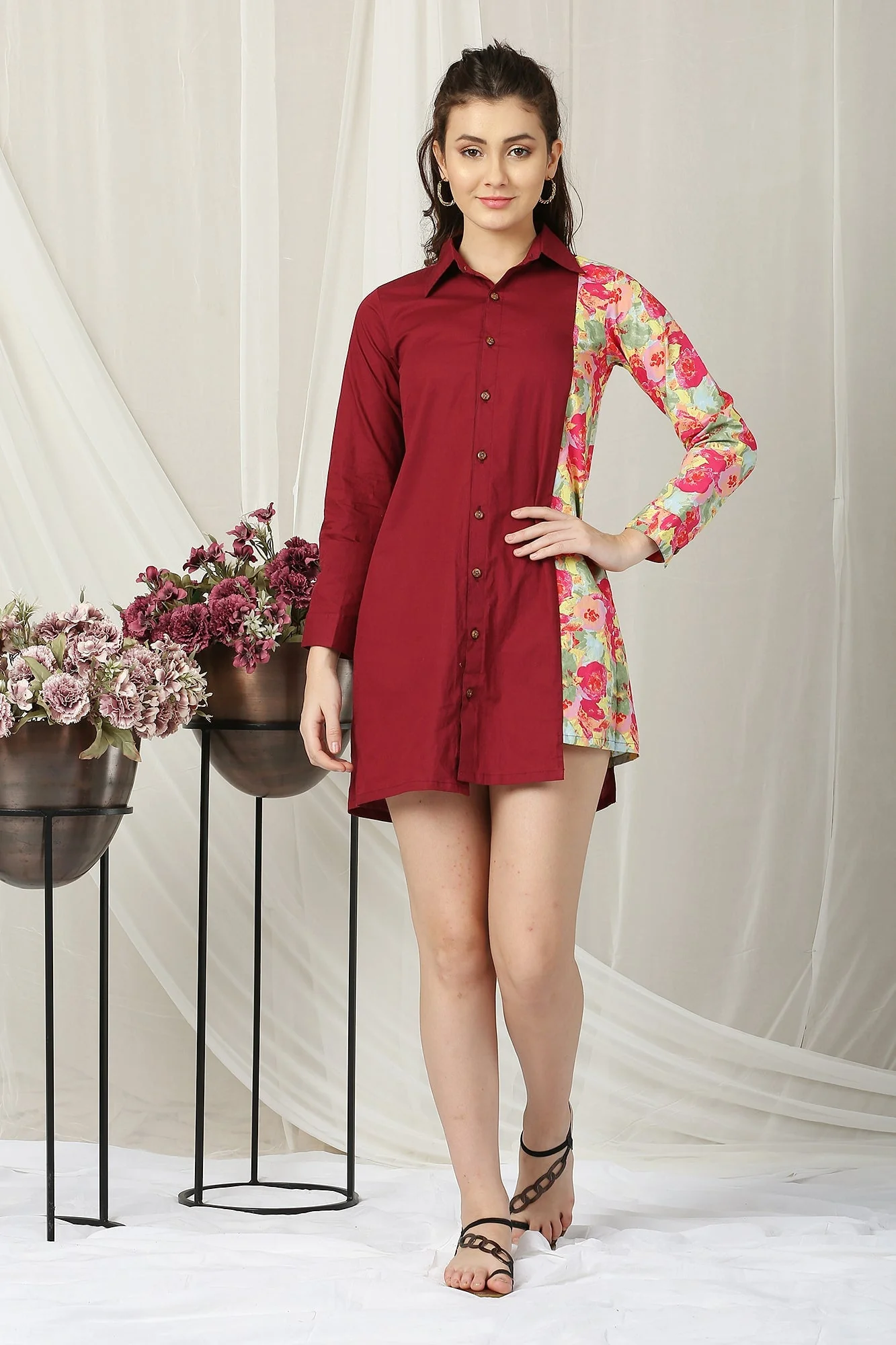 Women Brick Red Printed Shirt Dress (100% Cotton) - Chenance