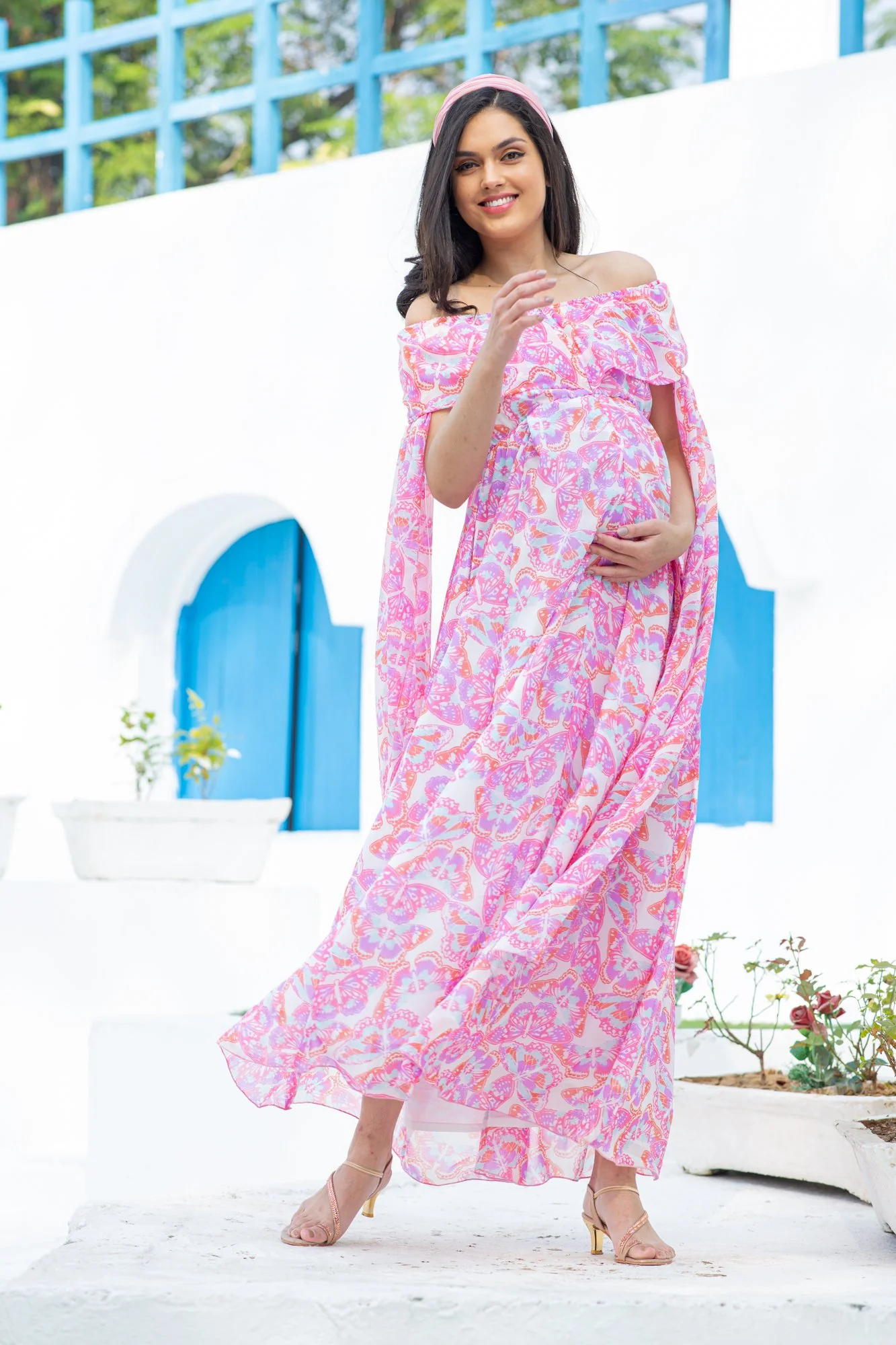 Pink Butterfly Flying Sleeves Maternity & Nursing Dress - Chenance