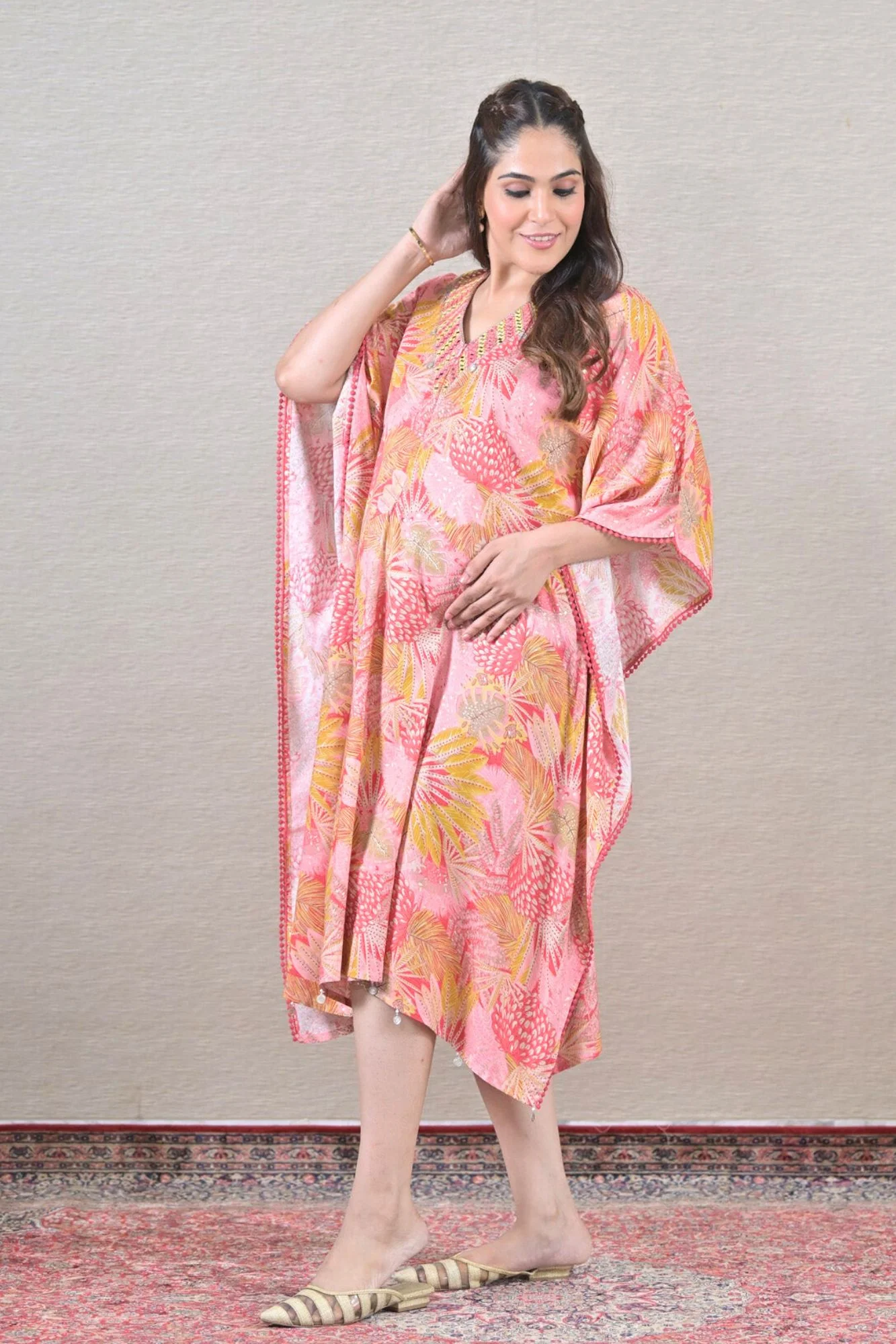 Salmon Bloom Maternity & Nursing Kaftan (100% Cotton) - Chenance