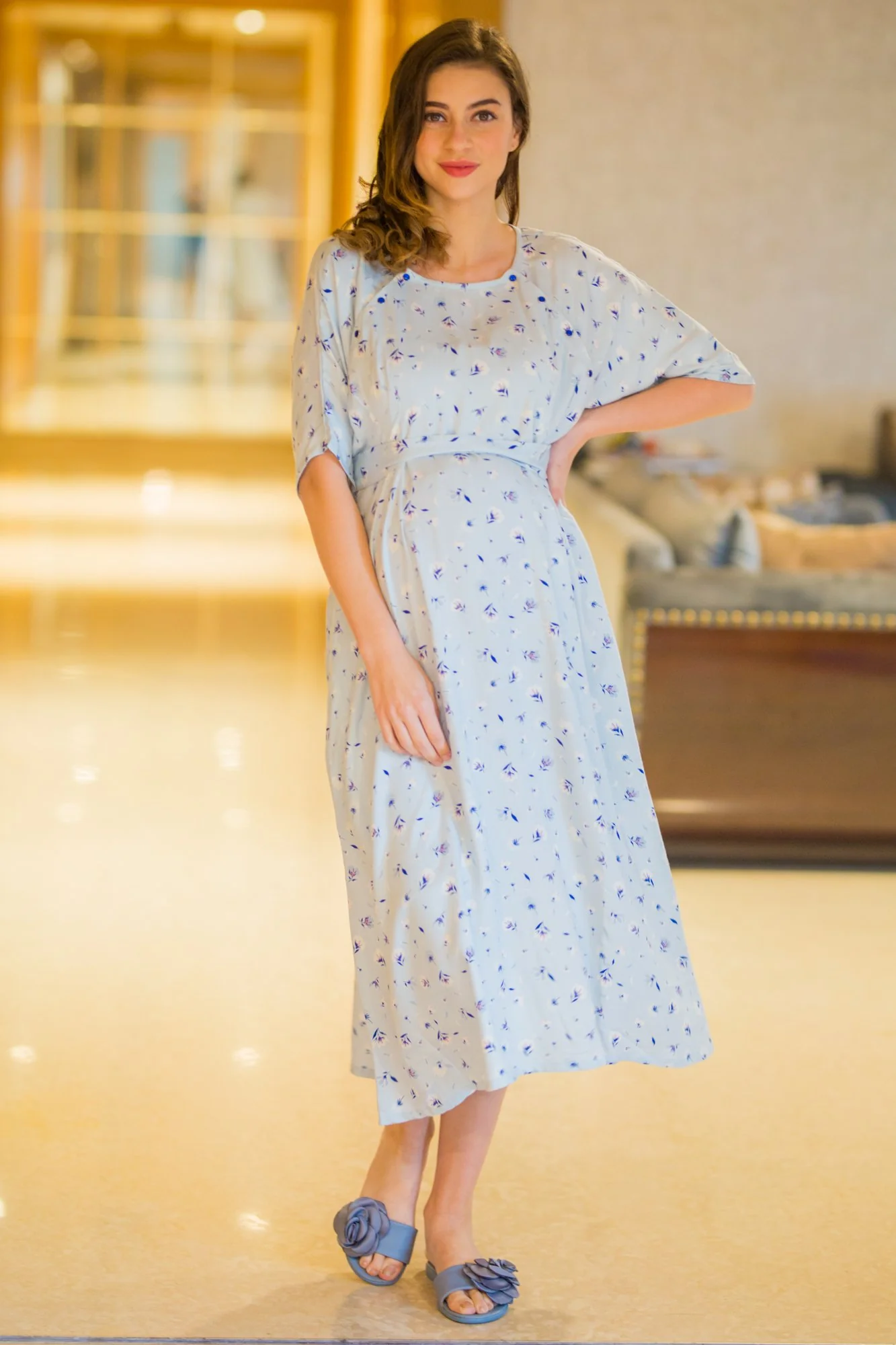 Cozy Shoulder Snap Maternity & Nursing Dress / Delivery Gown/ Night Dress - Chenance