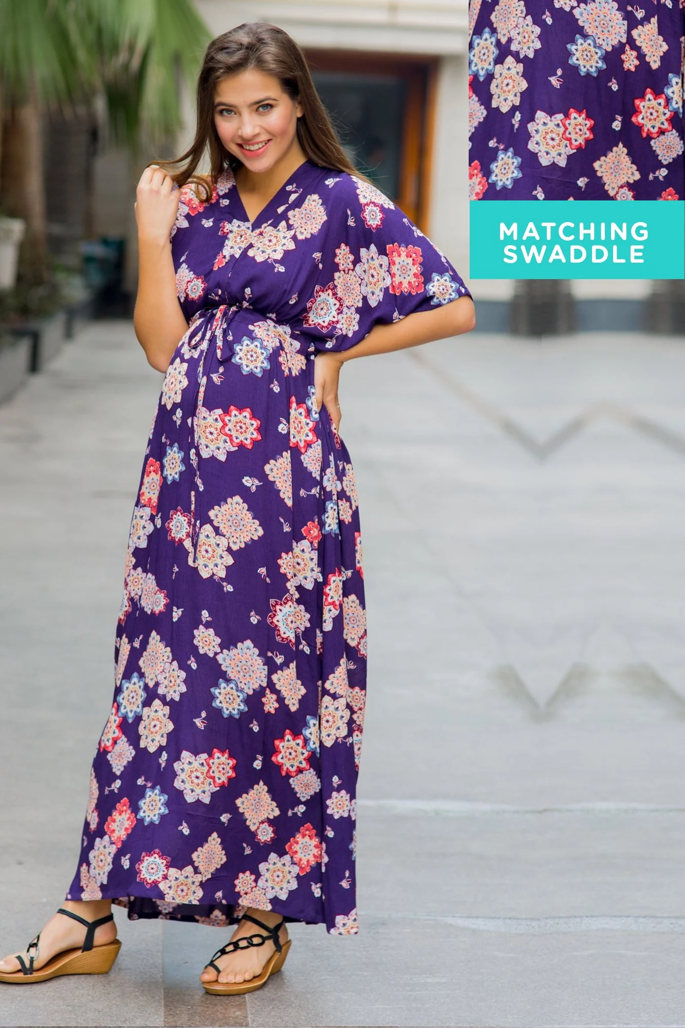 Set of 2 - Kimono Violet Delivery Gown + Matching Baby Swaddle - Chenance