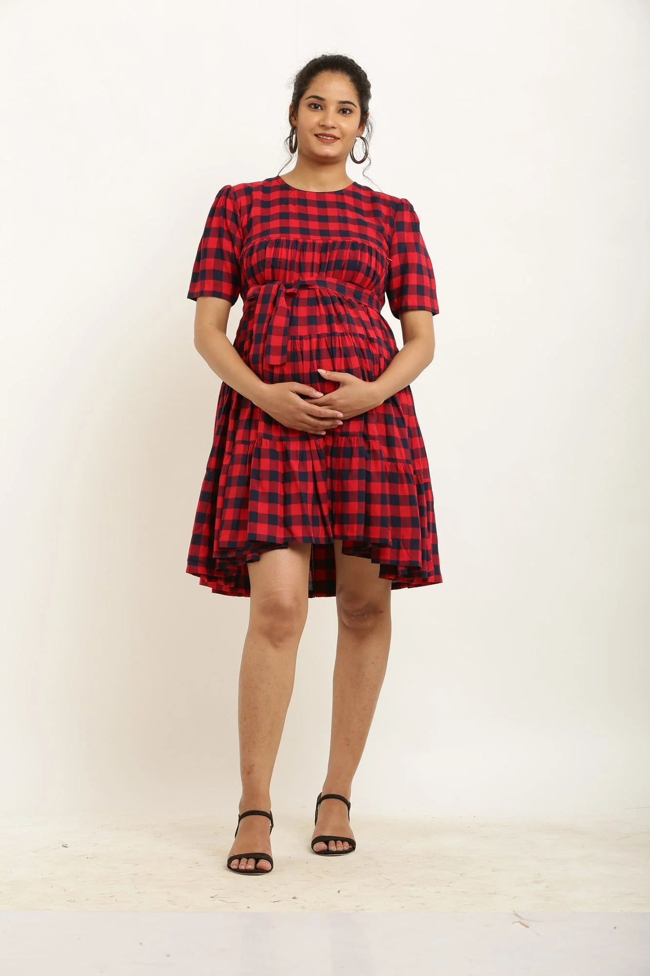 Adorable Red Plaid Maternity & Nursing Gathered Knee Dress - Chenance