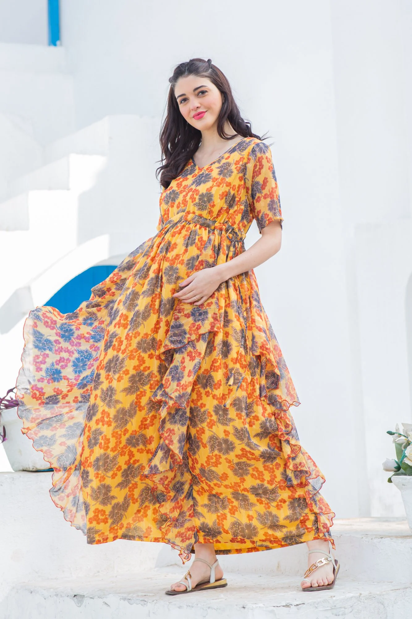Vibrant Yellow Floral Maternity Flow Dress - Chenance