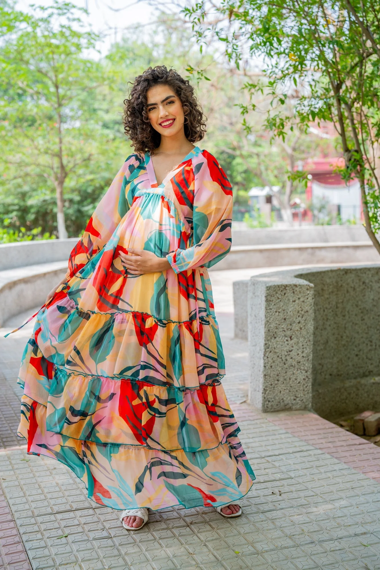 Cheery Retro Peach Leafy Maternity Layered Dress - Chenance