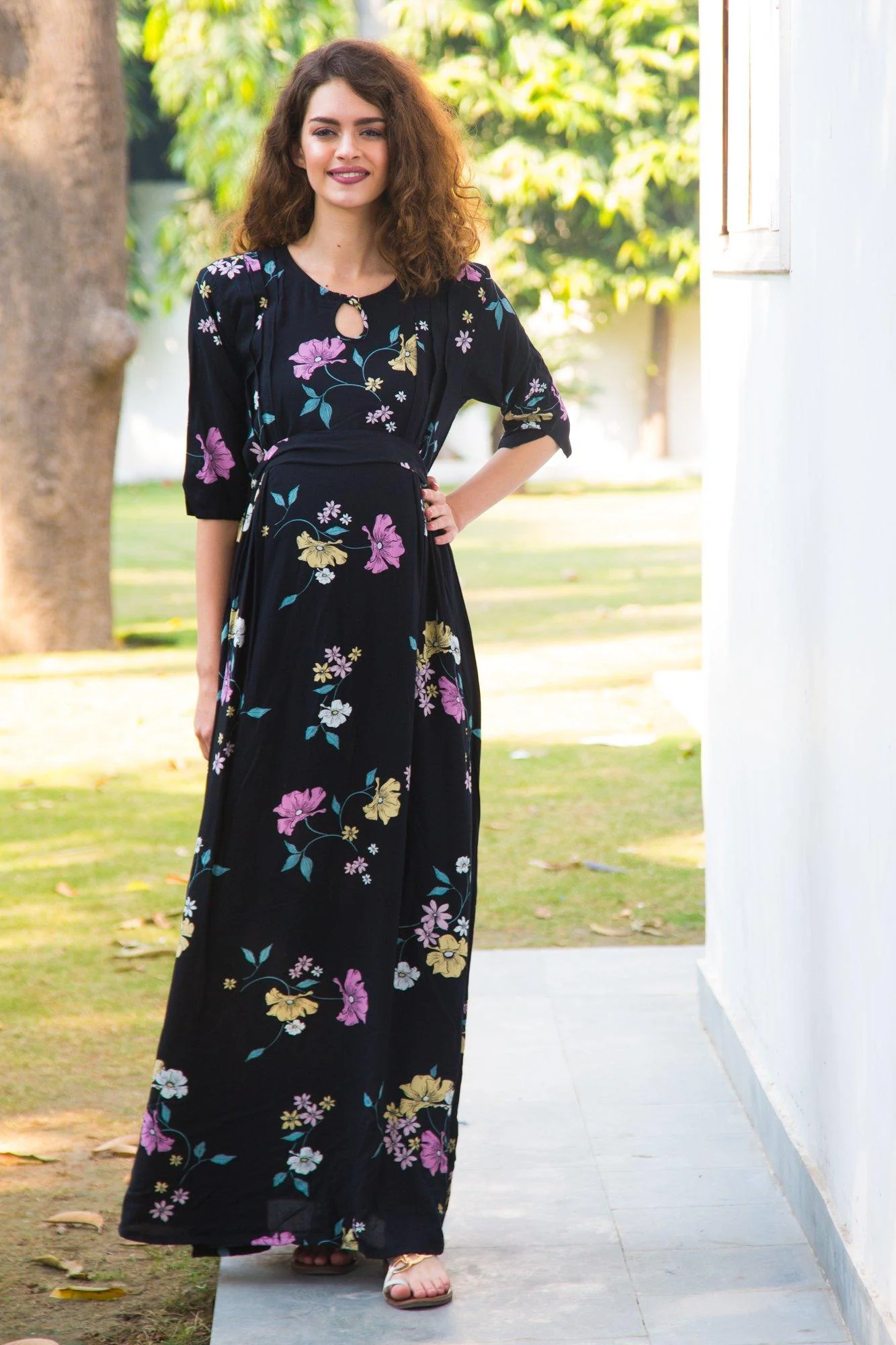 Paisley Side Slit Concealed Zips Maternity & Nursing Dress - Chenance