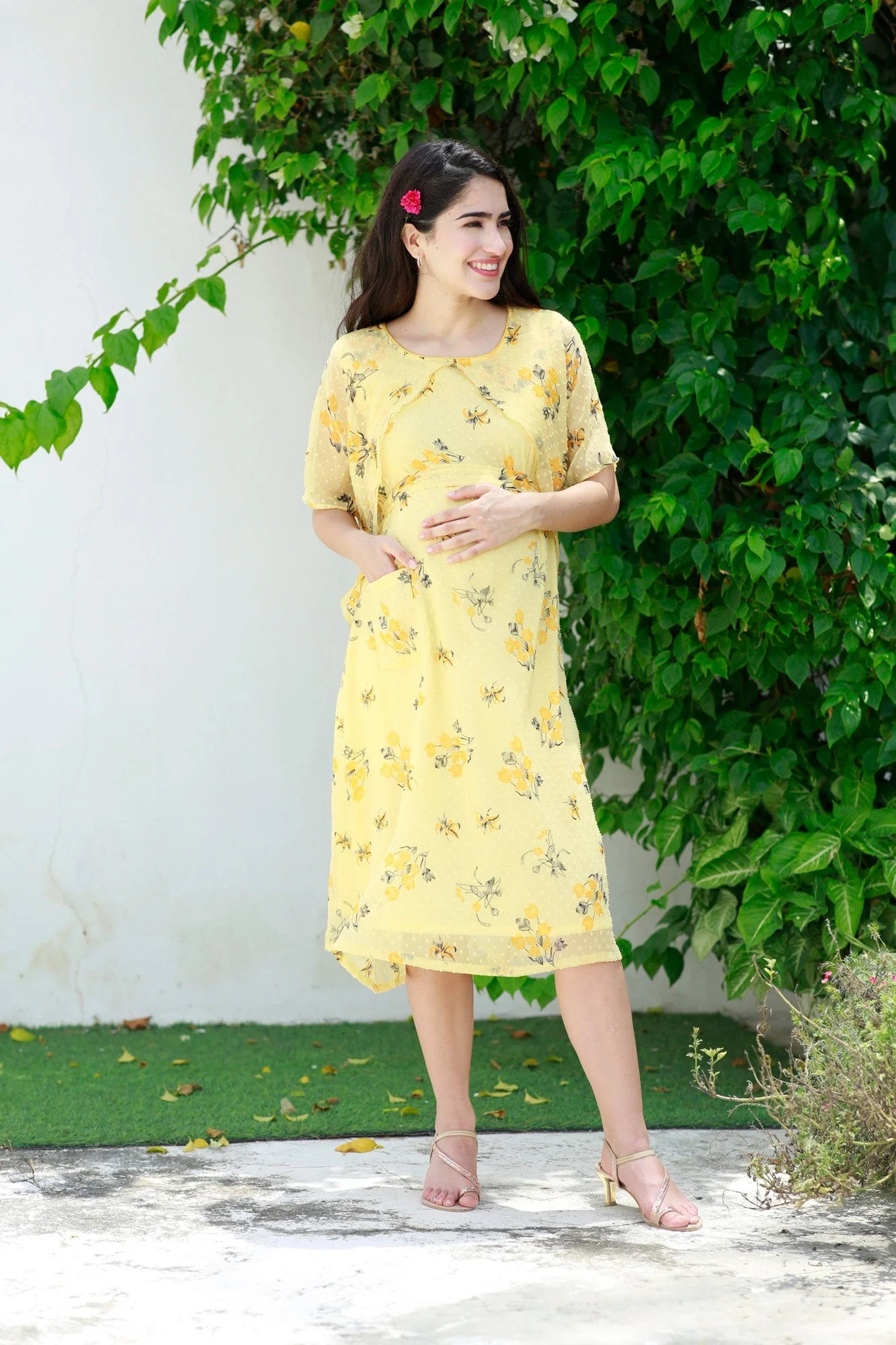Yellowish Cream Blossom Maternity & Nursing Dress - Chenance