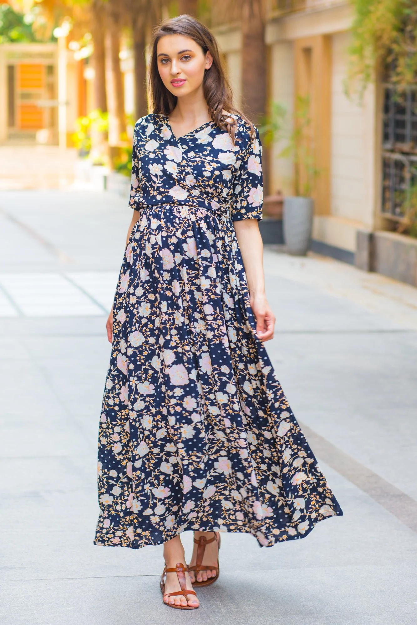 Navy Pearl Gold Maternity & Nursing Wrap Dress - Chenance