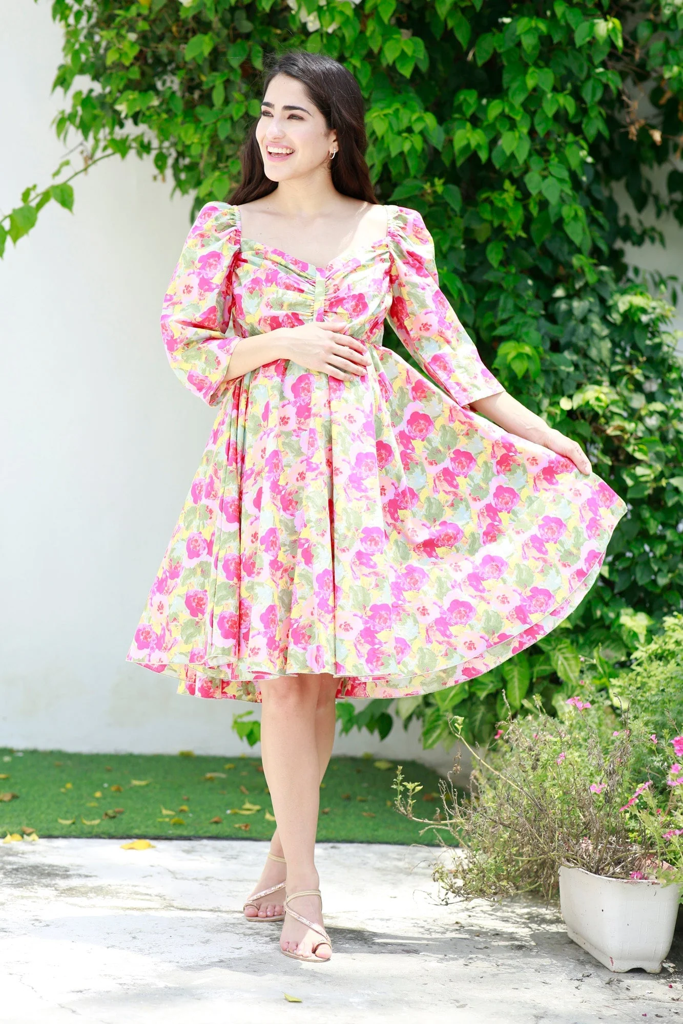 Victoria Flamingo Rosy Pink Maternity Knee Dress (100% Cotton) - Chenance