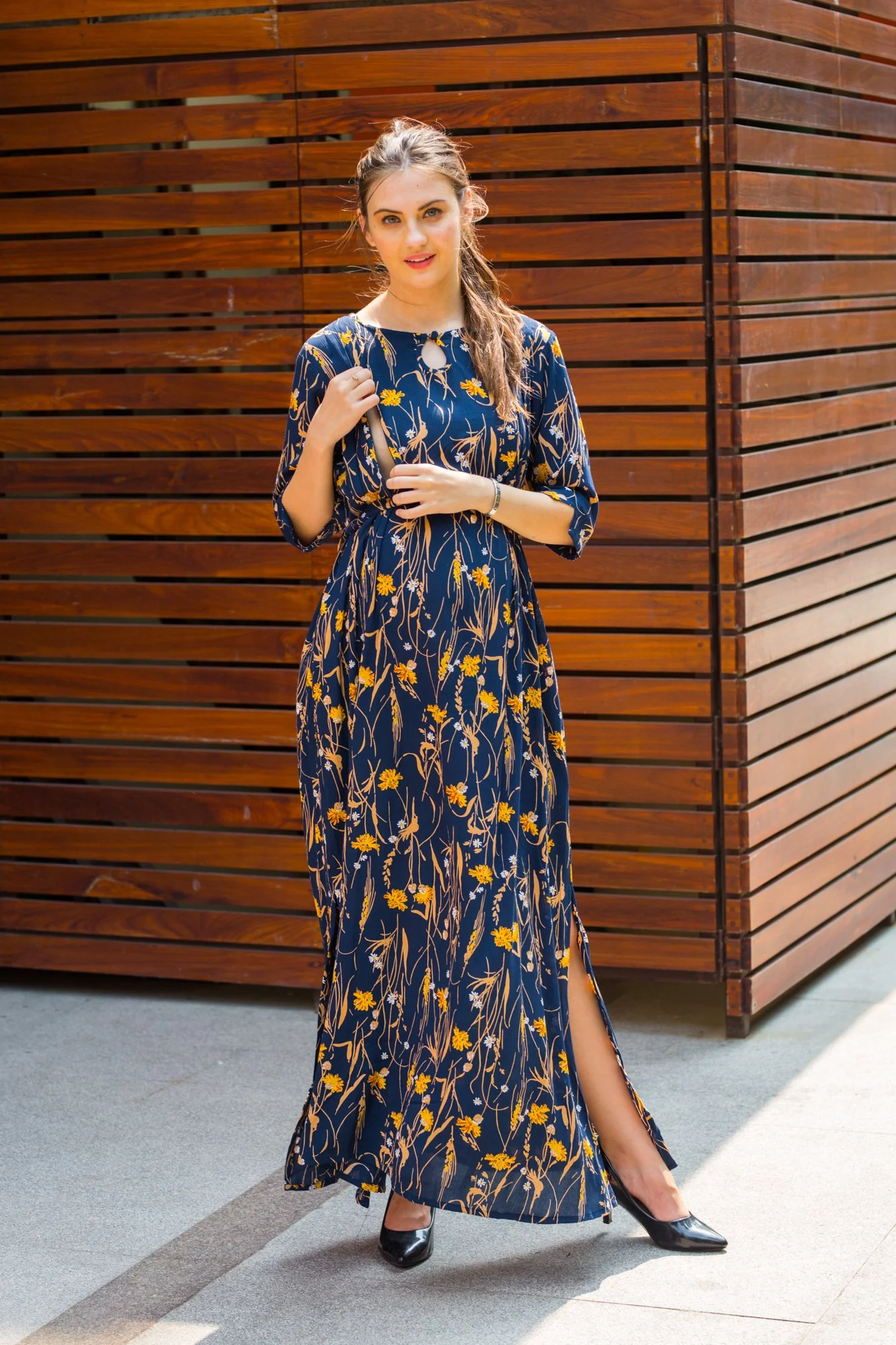 Azure Ebony Side Slit Maternity & Feeding Dress - Chenance