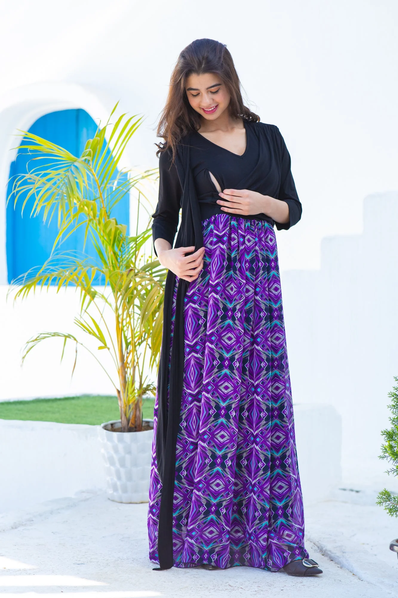 Violet Patterned Luxe Chiffon Maternity & Nursing Wrap Dress - Chenance