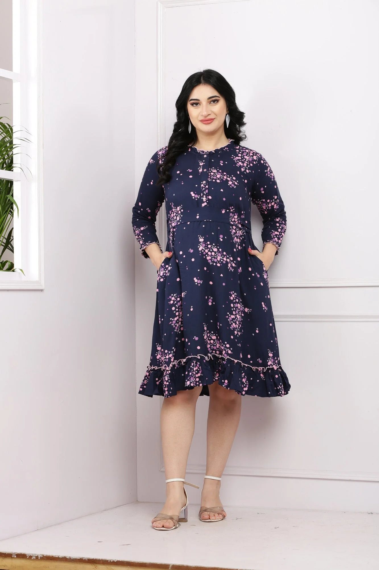 Charming Midnight Blossom Maternity & Nursing Frill Dress - Chenance