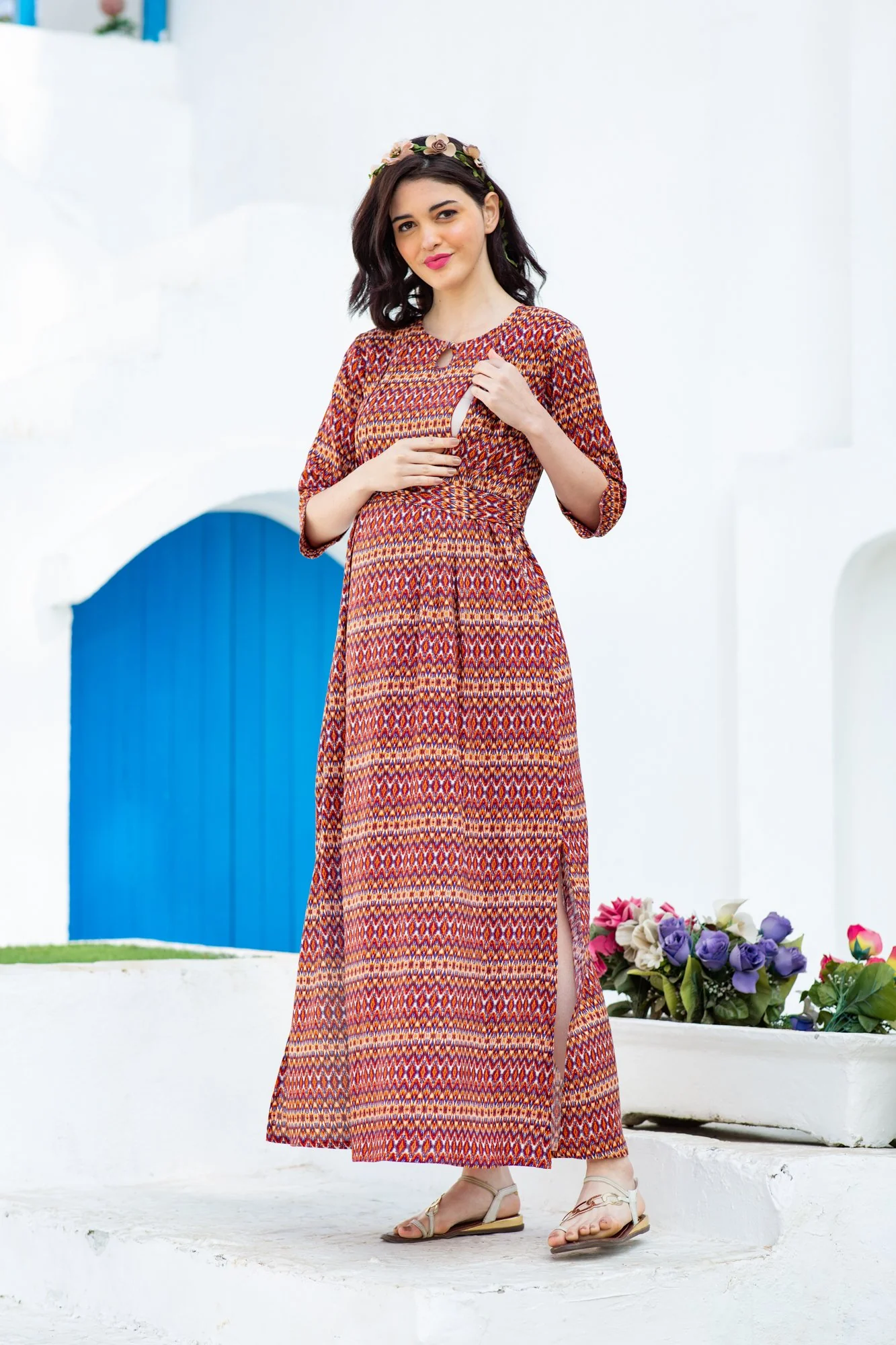 Ombre Stripe  Side Slit Maternity & Feeding Dress - Chenance