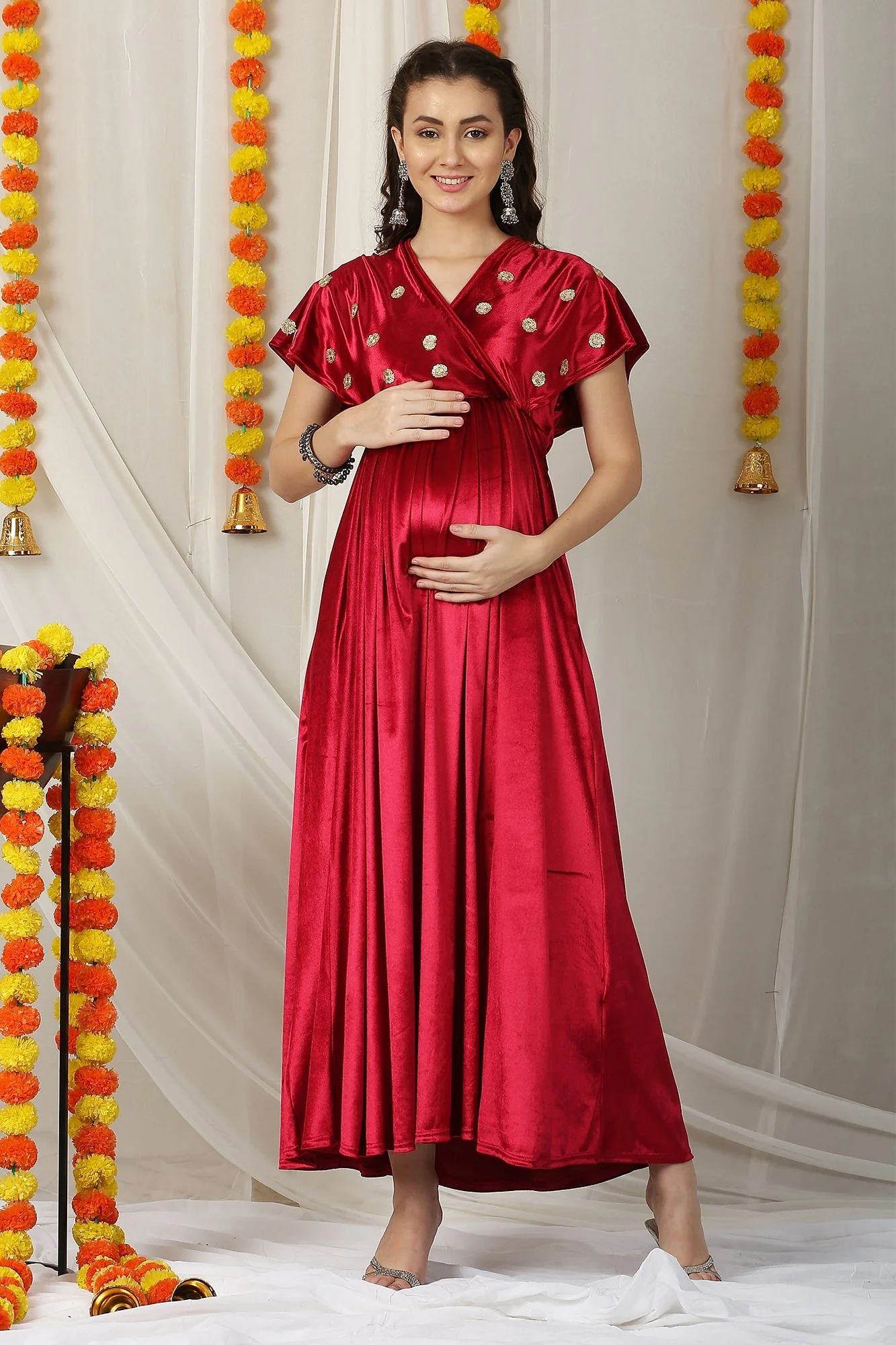Graceful Hot Red Velvet Maternity & Nursing Embroidered Wrap Dress - Chenance