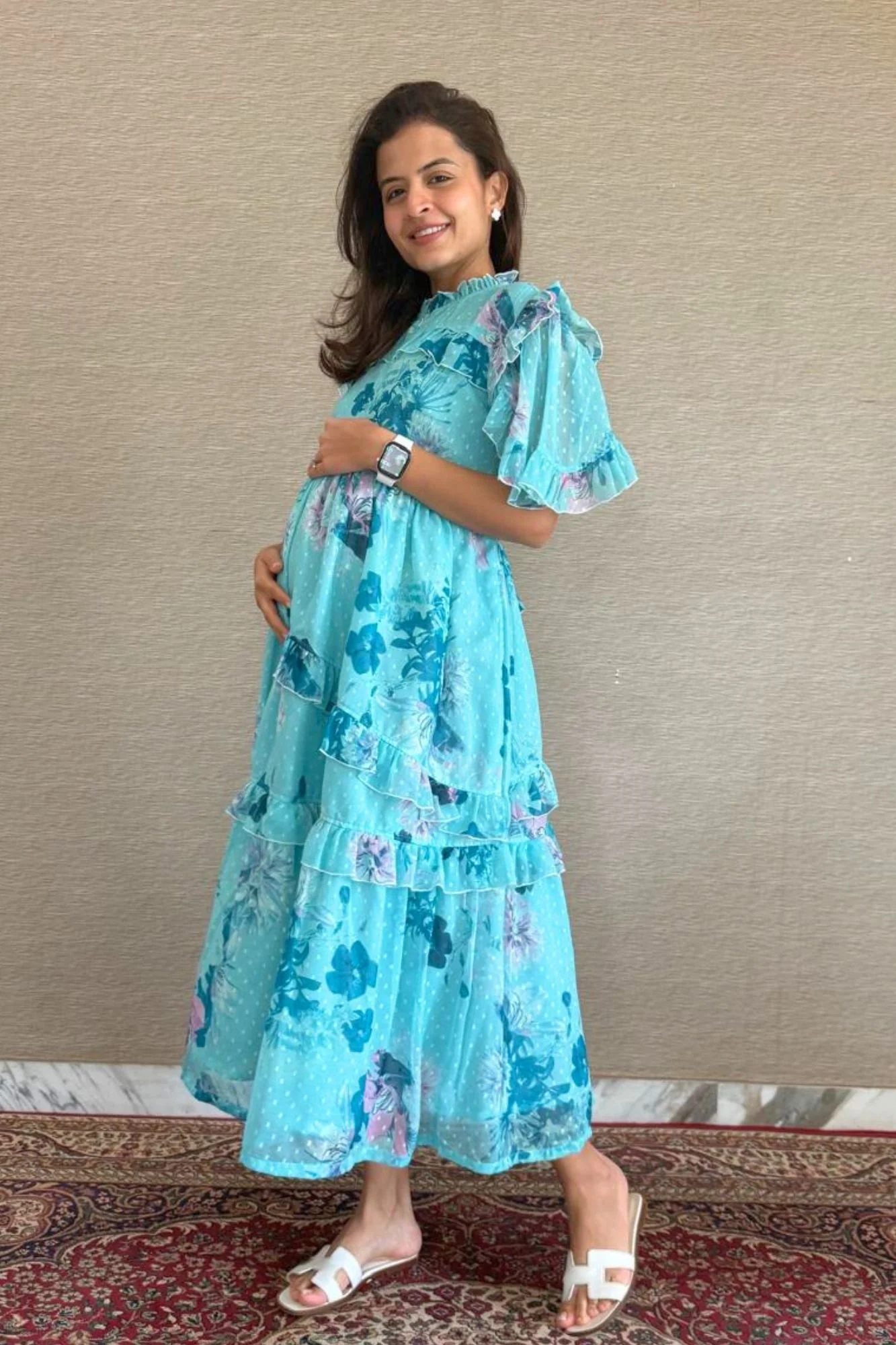 Sea Blue Blooming Maternity & Nursing Frill Dress - Chenance