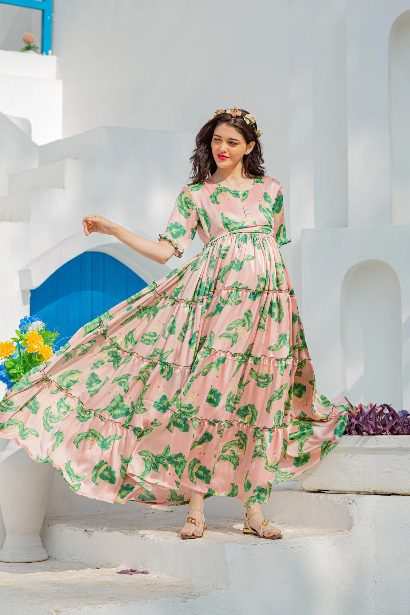 Silk Multilayer Peach Frill Single Concealed Zip Maternity & Nursing Dress - Chenance