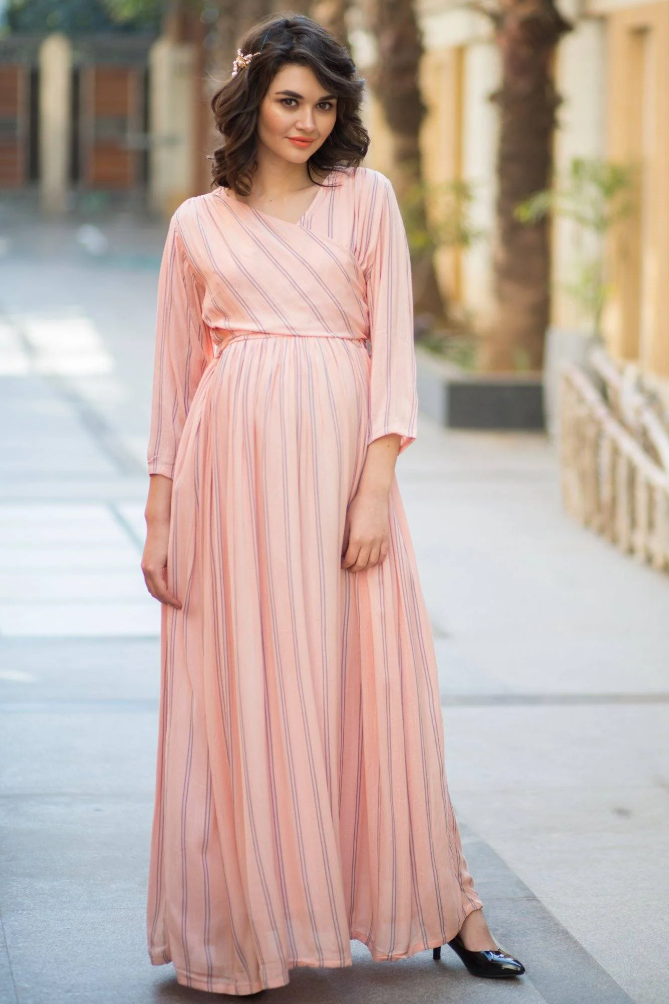 Peach Striped Maternity & Nursing Wrap Dress - Chenance