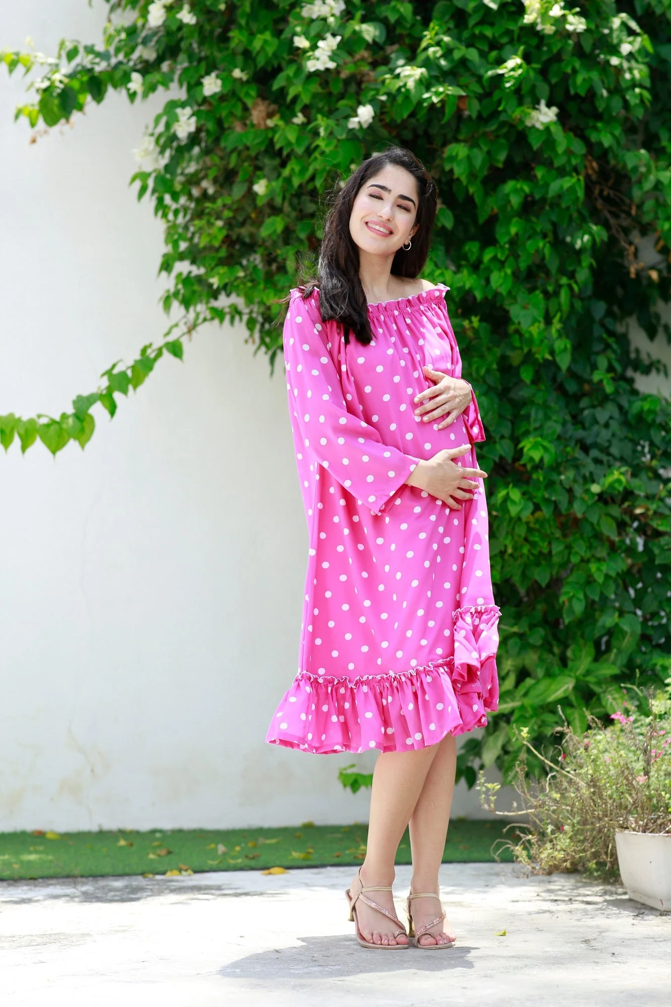 Barbie Pink Off-Shoulder Maternity Polka Frill Dress - Chenance