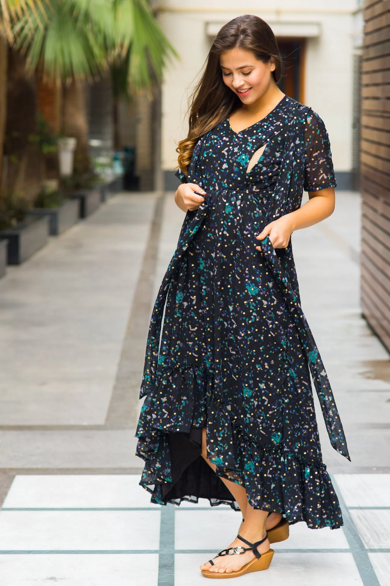 Midnight Gold Embellished Hi-Low Maternity & Nursing Wrap Dress - Chenance